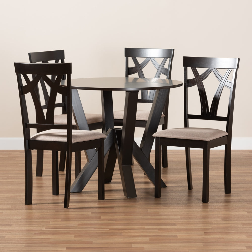 Reagan Modern and Contemporary Sand Fabric Upholstered and Dark Brown Finished Wood 5-Piece Dining Set