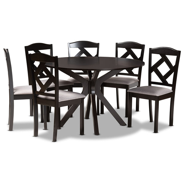 Carlin Modern Transitional Grey Fabric Upholstered and Dark Brown Finished Wood 7-Piece Dining Set