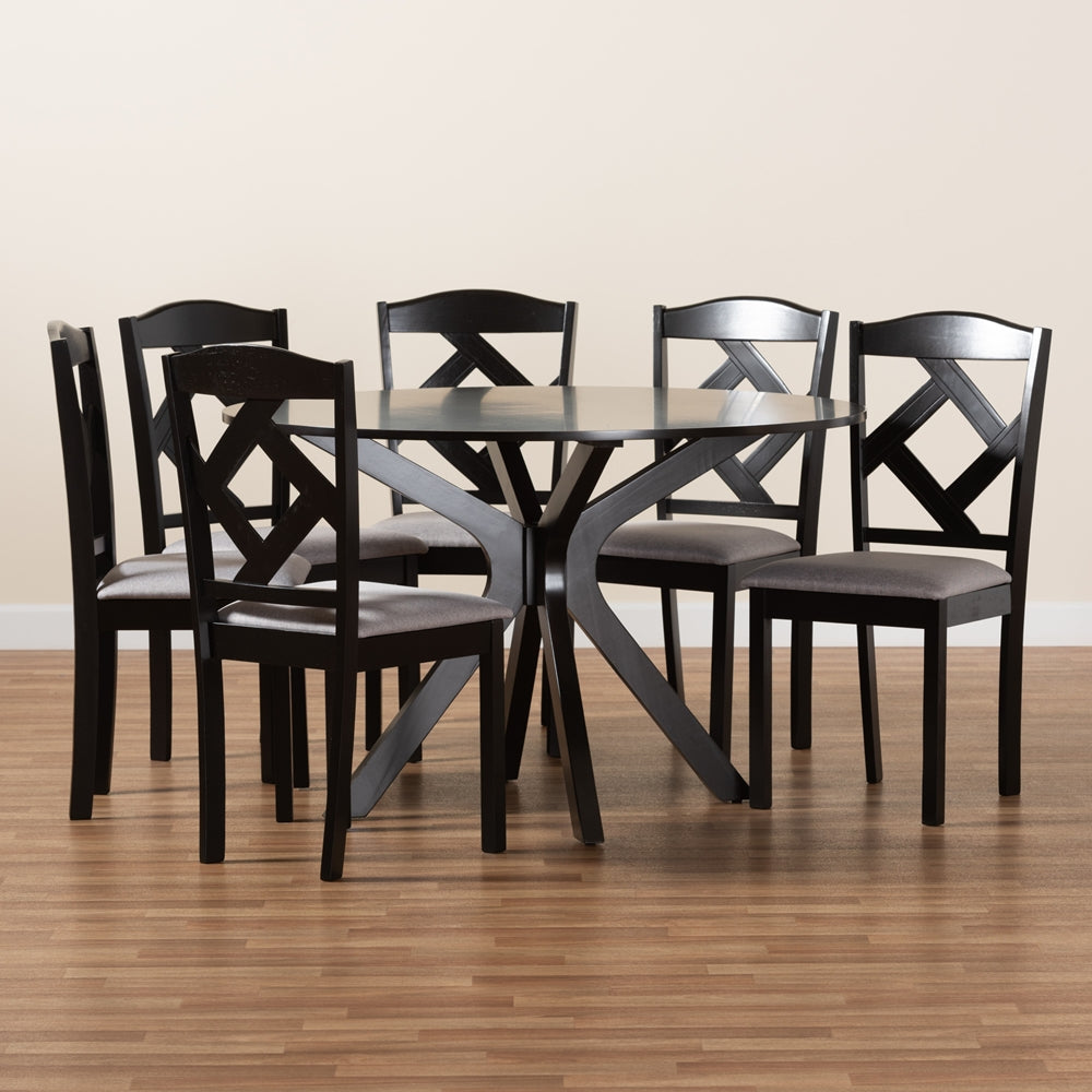 Carlin Modern Transitional Grey Fabric Upholstered and Dark Brown Finished Wood 7-Piece Dining Set