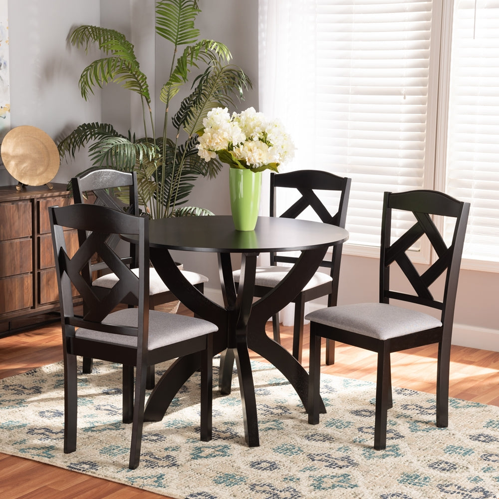 Nesa Modern Transitional Grey Fabric Upholstered and Dark Brown Finished Wood 5-Piece Dining Set