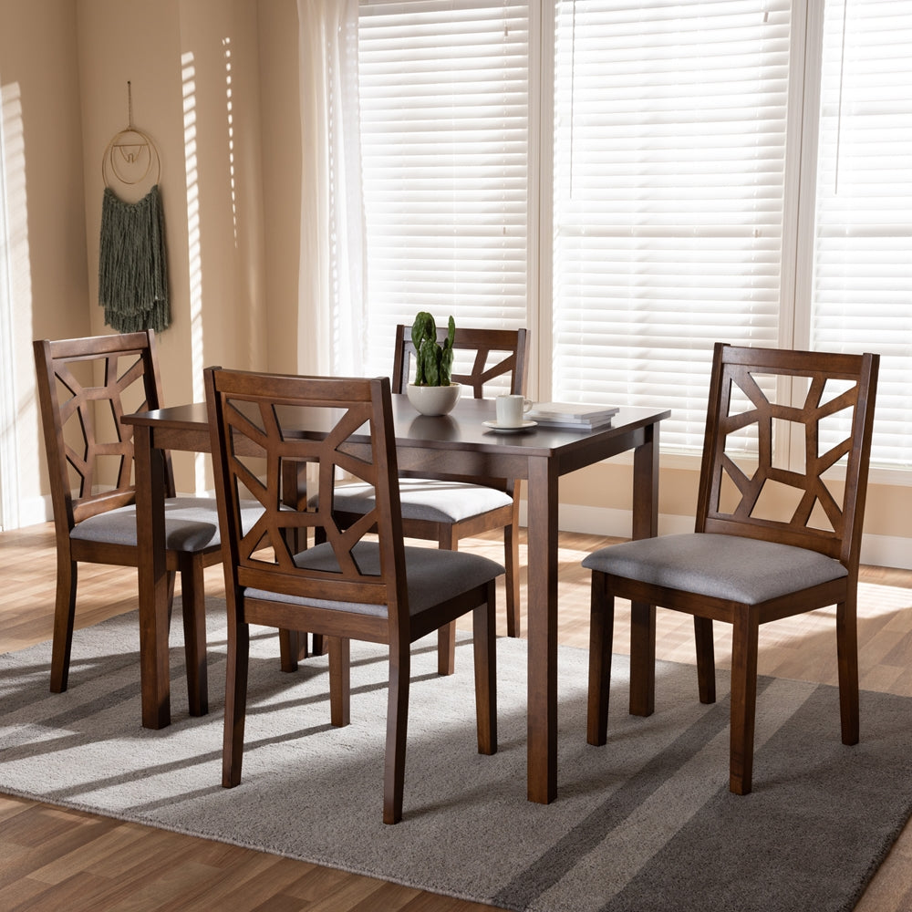 Abilene Mid-Century Walnut Finished and Fabric Upholstered 5-Piece Dining Set