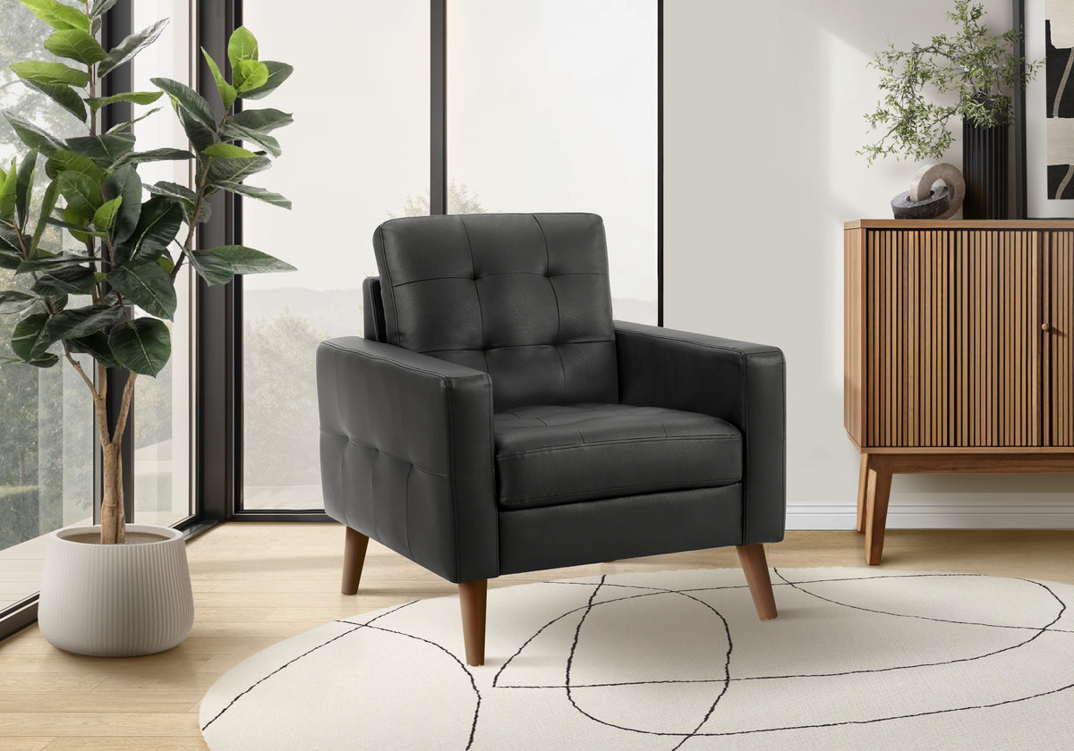 Chair, 31"" Wide, Upholstered, Accent Chair, Black Leather Look, Walnut Wood Legs, Mid Century, Modern