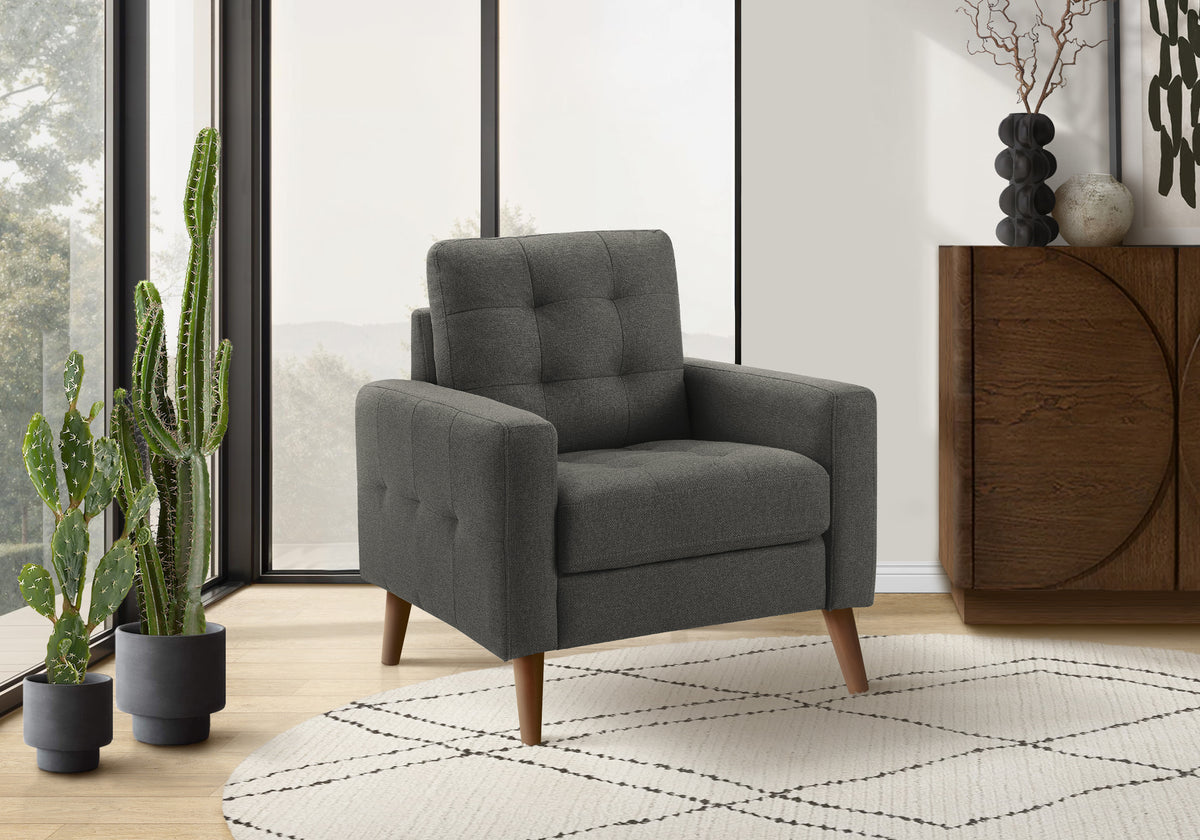 Chair, 31"" Wide, Upholstered, Accent Chair, Dark Grey Fabric, Walnut Wood Legs, Mid Century, Modern