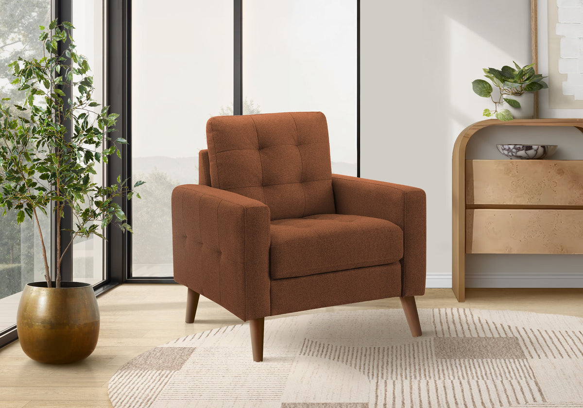 Chair, 31"" Wide, Accent Chair, Upholstered, Rust Fabric, Walnut Wood Legs, Mid Century
