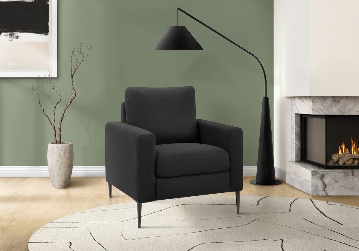 Chair, 32"" Wide, Upholstered, Accent Chair, Black Fabric, Black Metal Legs, Contemporary, Modern