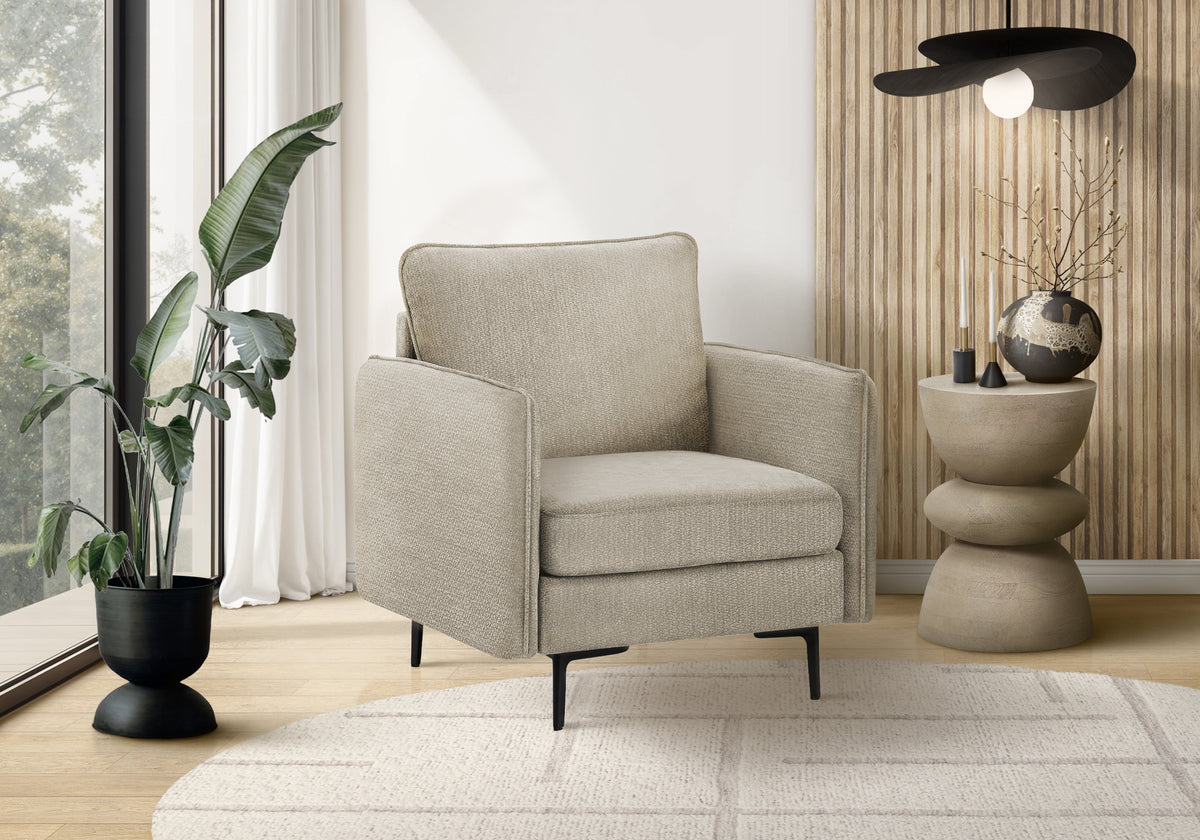 Chair, 32"" Wide, Upholstered, Accent Chair, Beige Fabric, Black Metal Legs