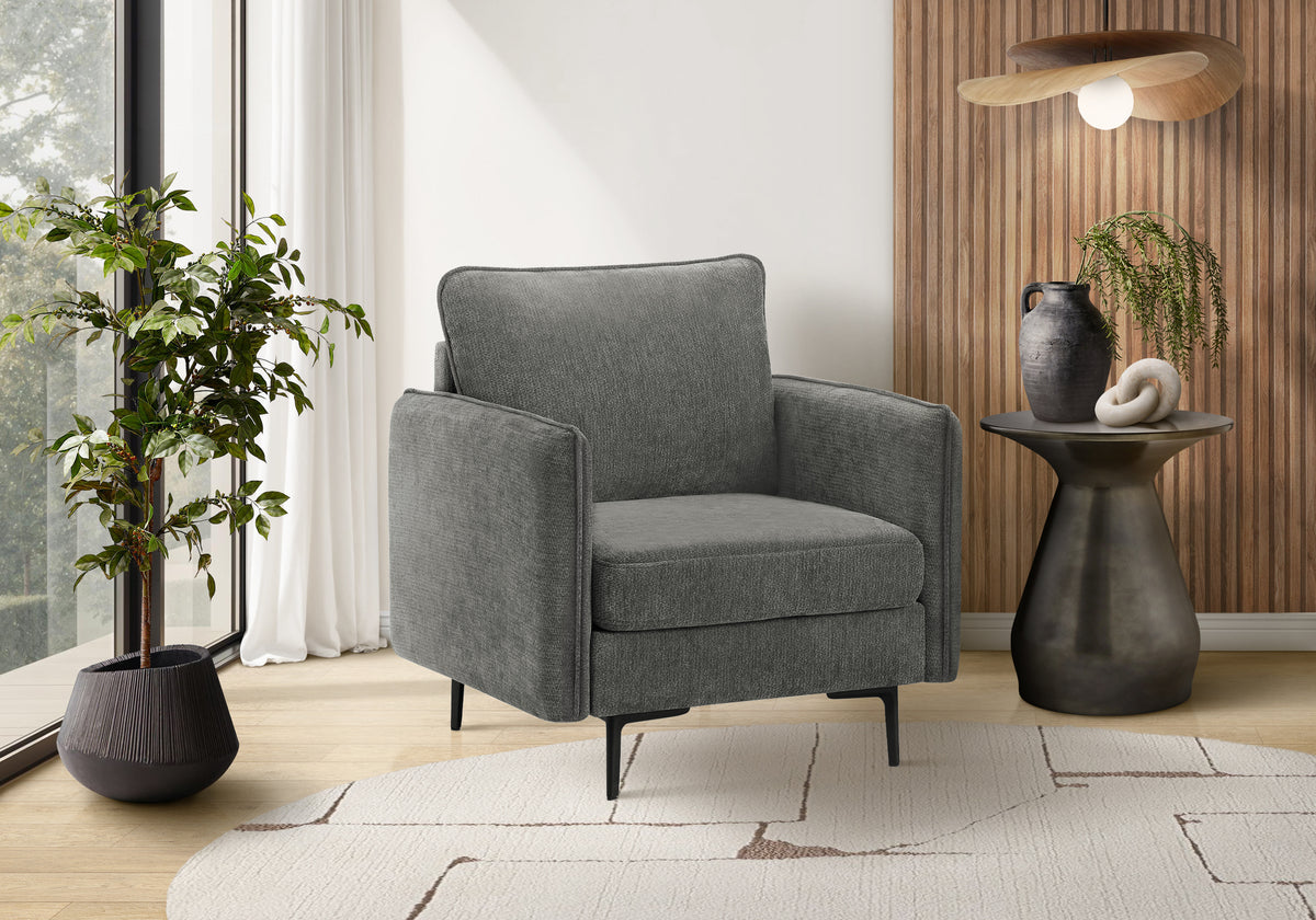 Chair, 32"" Wide, Upholstered, Accent Chair, Dark Grey Fabric, Black Metal Legs