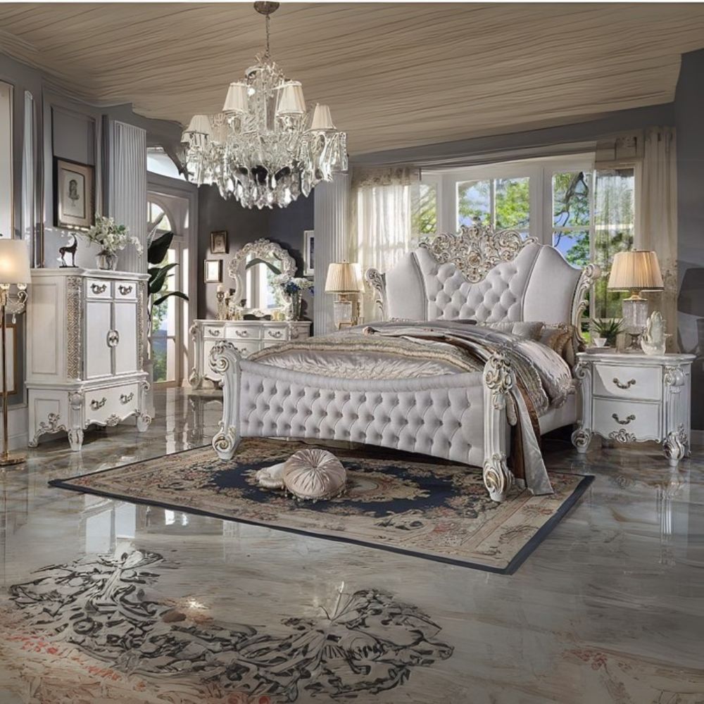 Vendome CK Bed, Two Tone Ivory Fabric & Antique Pearl Finish