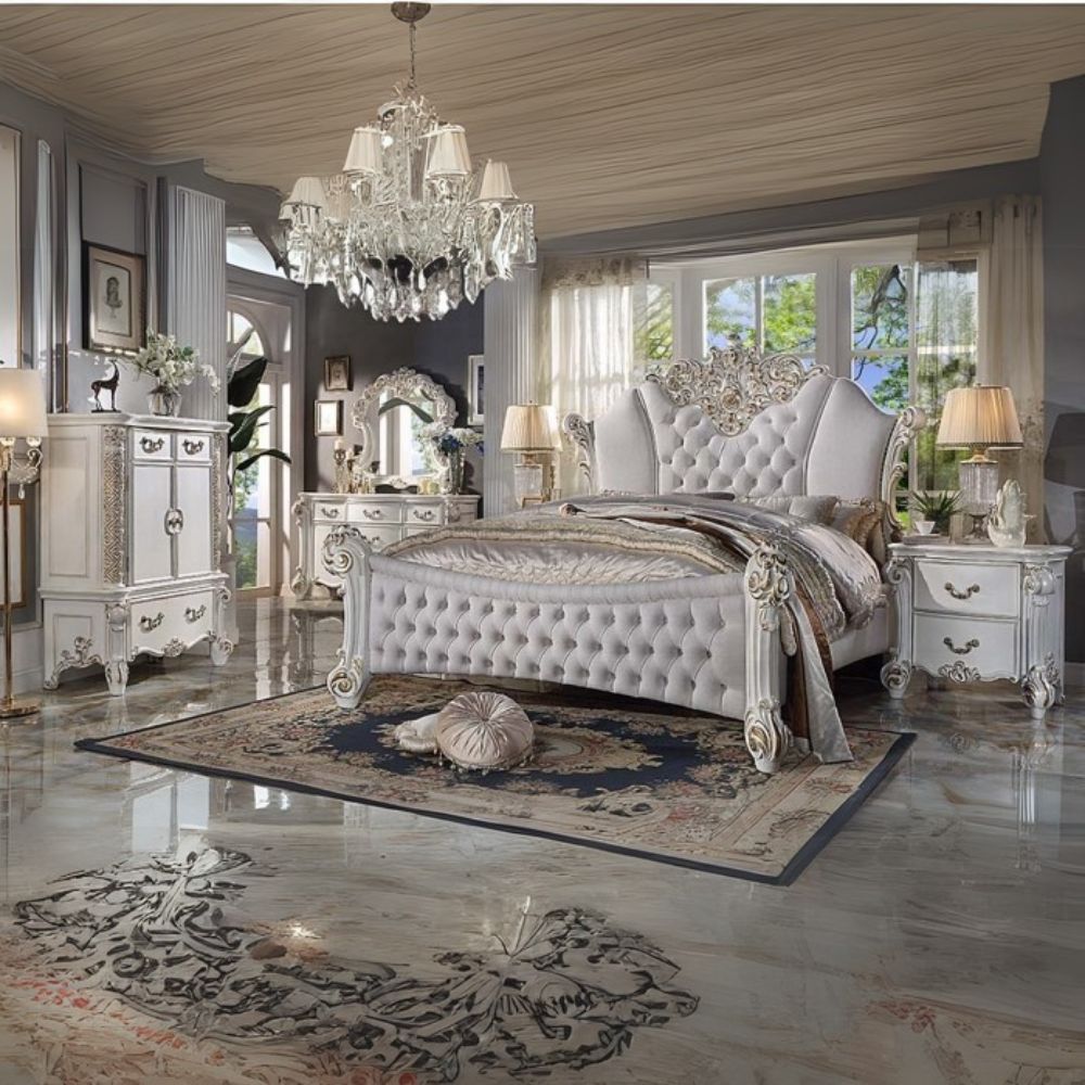 Rococo Vendome Eastern King Ivory Fabric Bed – Luxurious Antique Pearl Finish, Carved Accents