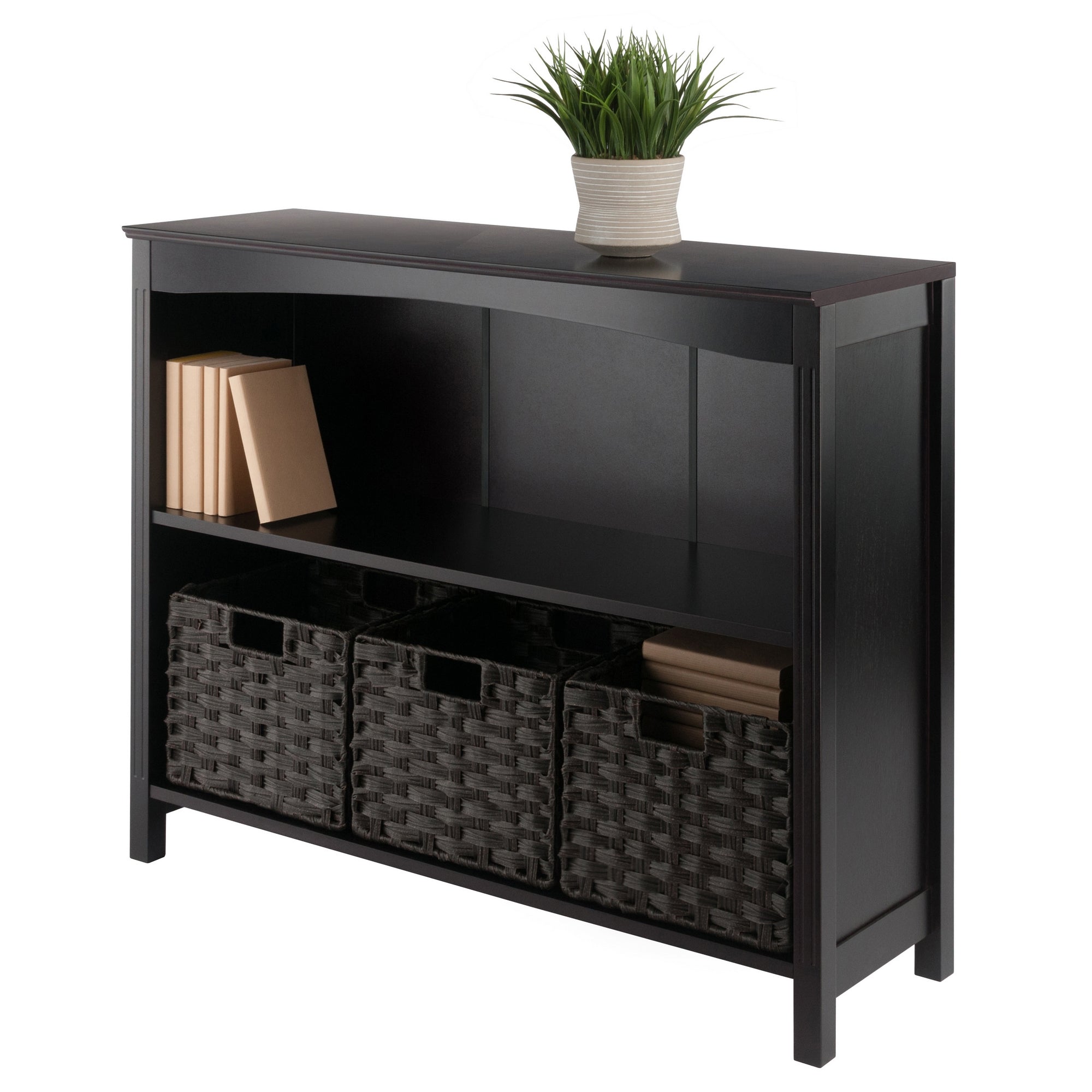 Terrace 4-Pc Storage Shelf accompanied by 3 Foldable Woven Baskets, in Walnut and Chocolate