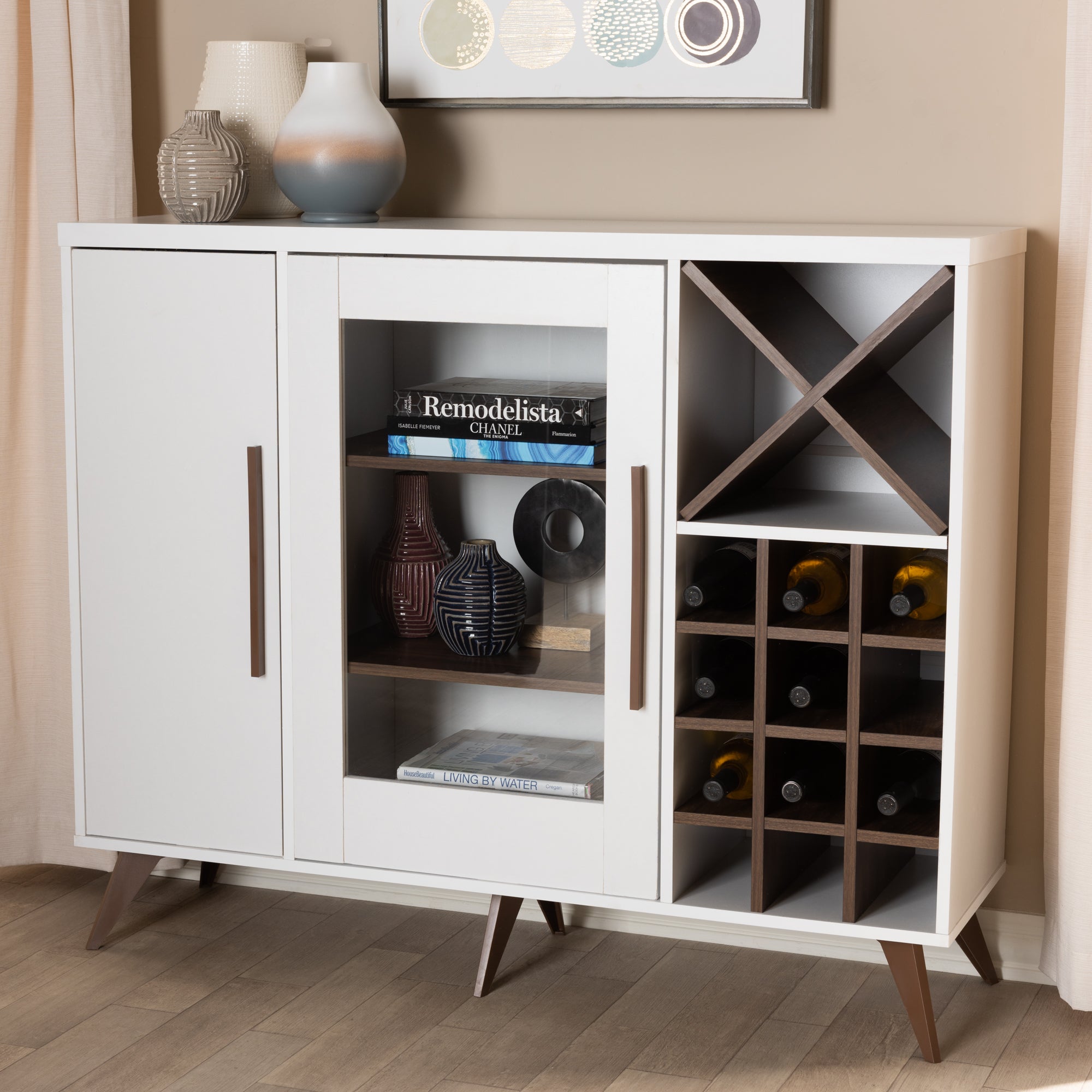 Pietro Mid-Century Modern White and Brown Finished Wine Cabinet