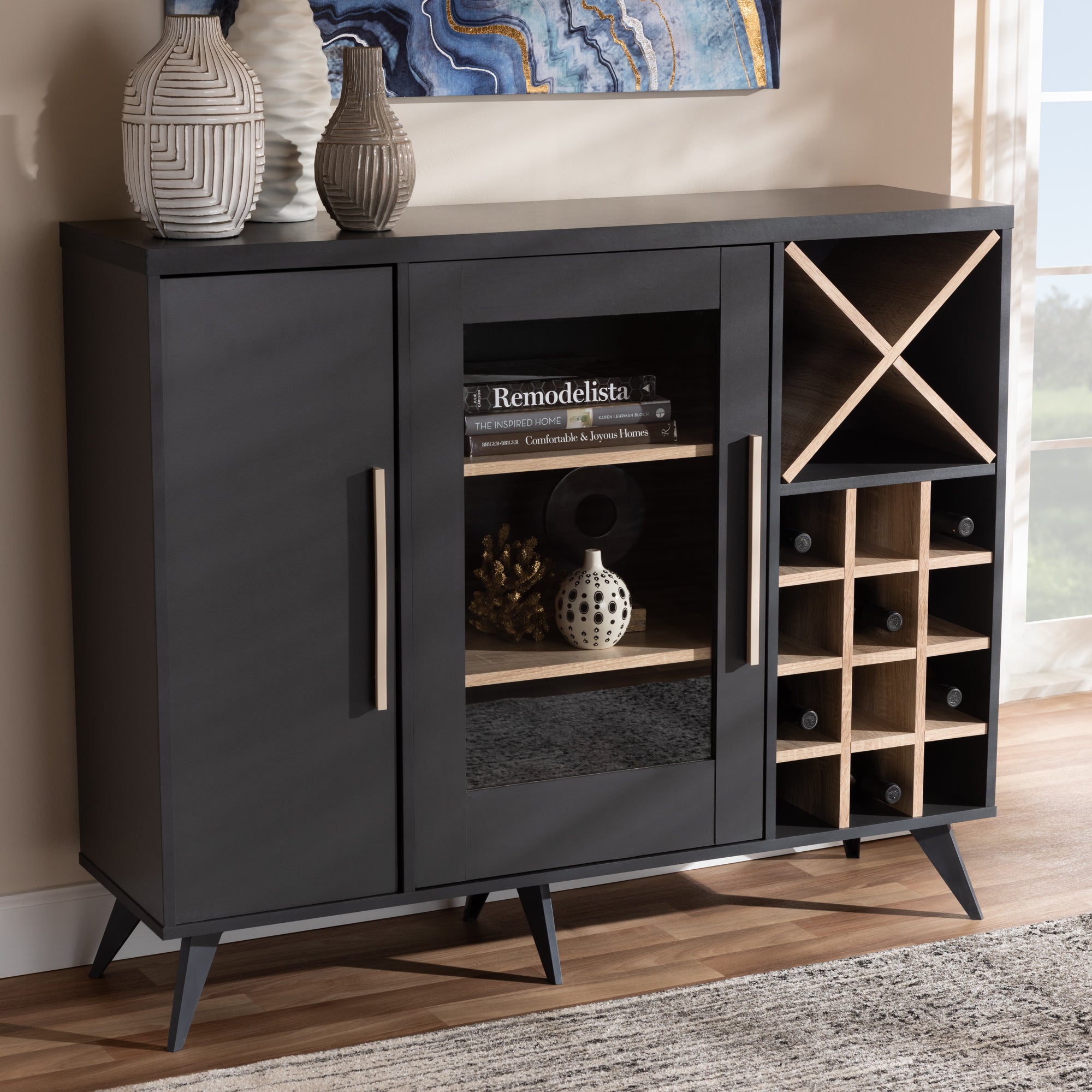 Pietro Mid-Century Modern Dark Grey and Oak Finished Wine Cabinet