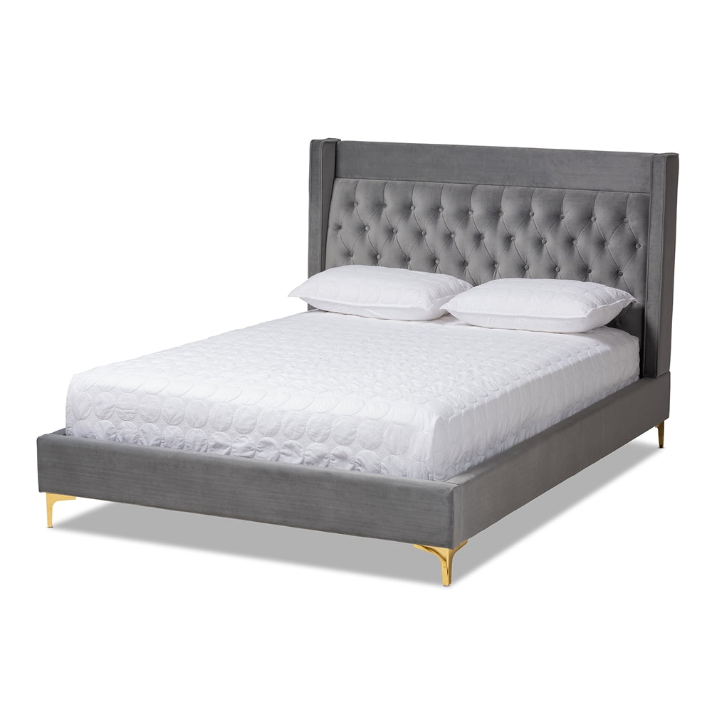 Valery Navy Blue Velvet King Size Platform Bed With Gold-Finished Legs