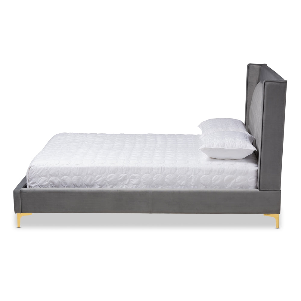 Valery Dark Gray Velvet Queen Size Platform Bed With Gold-Finished Legs