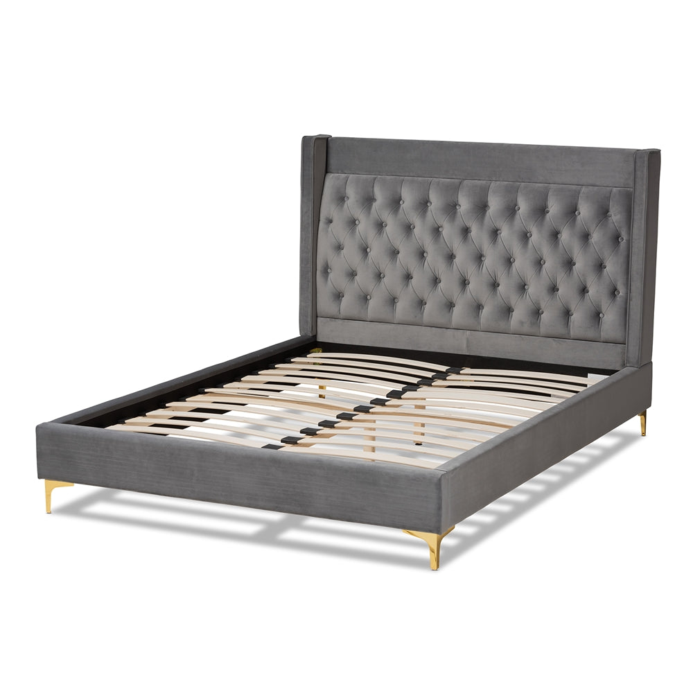 Valery Dark Gray Velvet Queen Size Platform Bed With Gold-Finished Legs