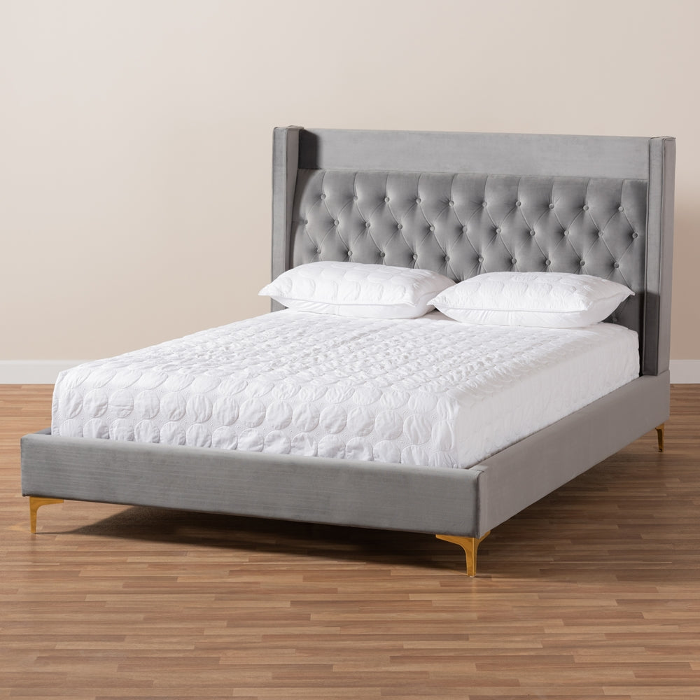 Valery Dark Gray Velvet Queen Size Platform Bed With Gold-Finished Legs