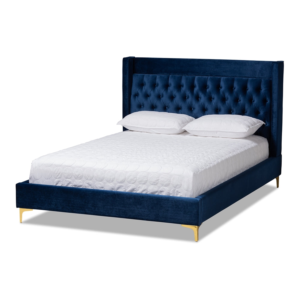 Valery Dark Gray Velvet Queen Size Platform Bed With Gold-Finished Legs