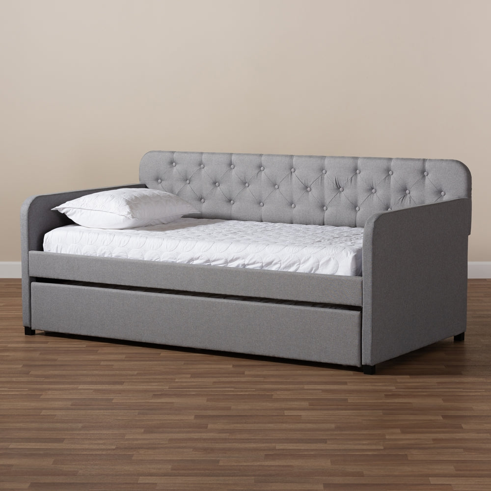 Camelia Grey Upholstered Button-Tufted Twin Size Daybed With Trundle