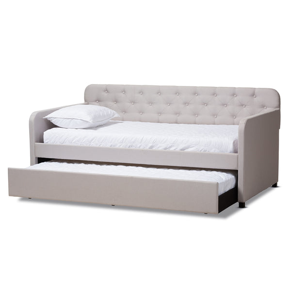 Camelia Modern and Contemporary Beige Fabric Upholstered Button-Tufted Twin Size Sofa Daybed with Roll-Out Trundle Guest Bed
