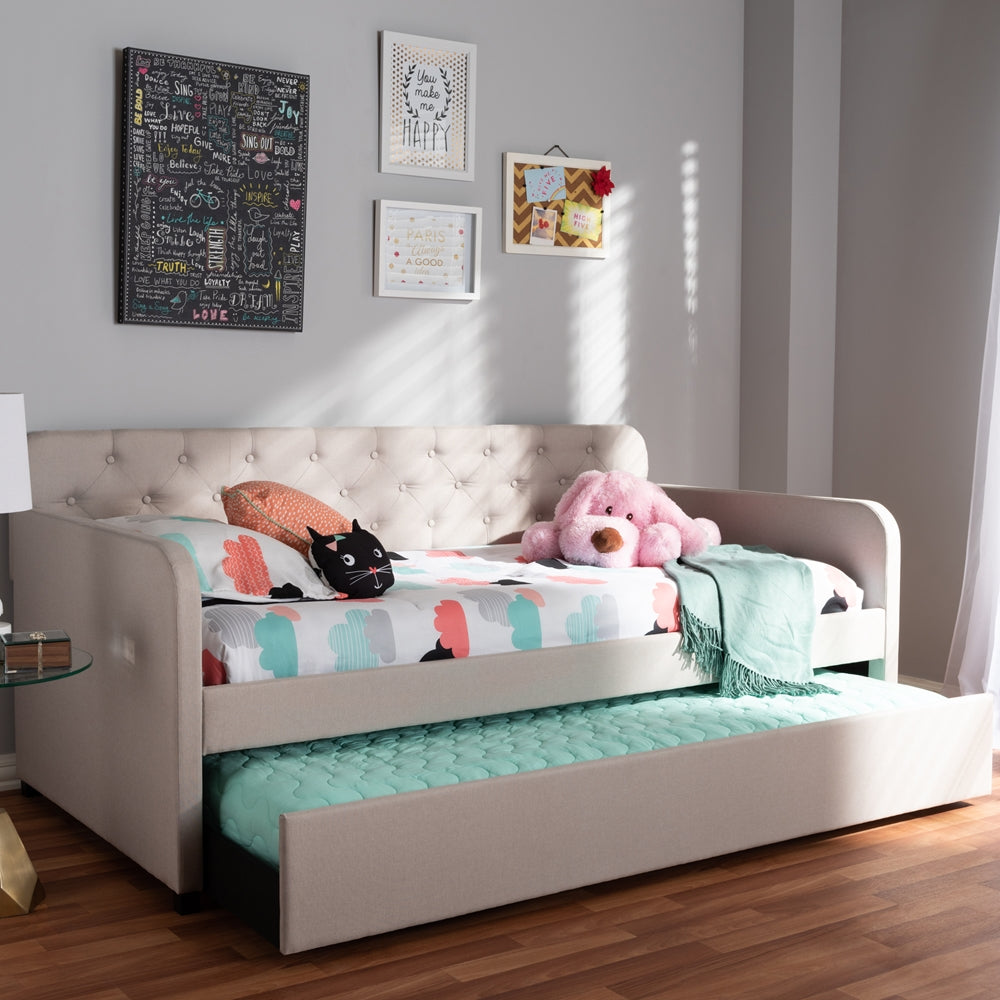 Camelia Modern and Contemporary Beige Fabric Upholstered Button-Tufted Twin Size Sofa Daybed with Roll-Out Trundle Guest Bed