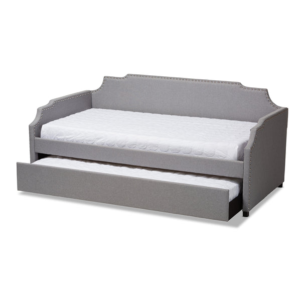 Ally Modern and Contemporary Grey Fabric Upholstered Twin Size Sofa Daybed with Roll Out Trundle Guest Bed