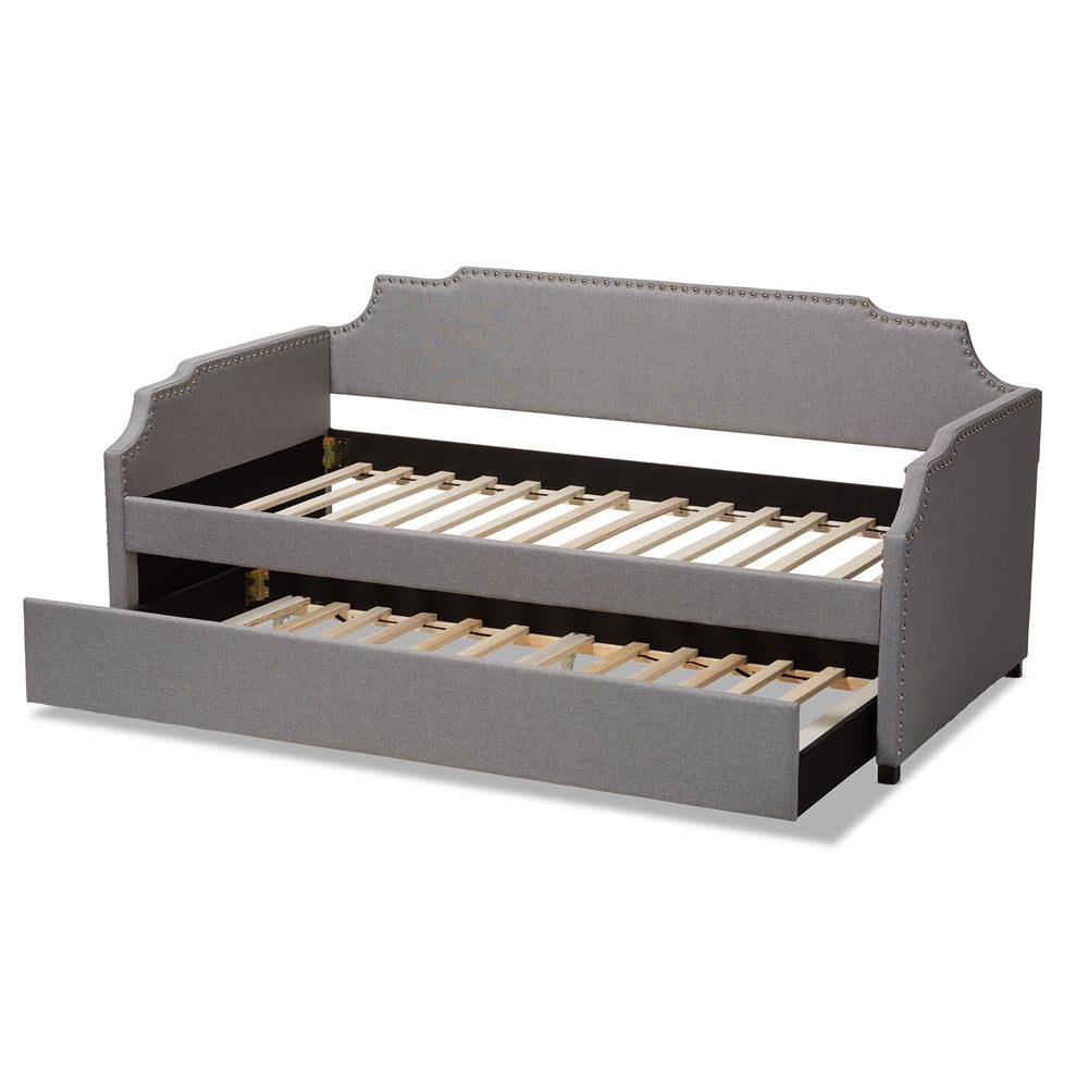 Ally Modern and Contemporary Grey Fabric Upholstered Twin Size Sofa Daybed with Roll Out Trundle Guest Bed