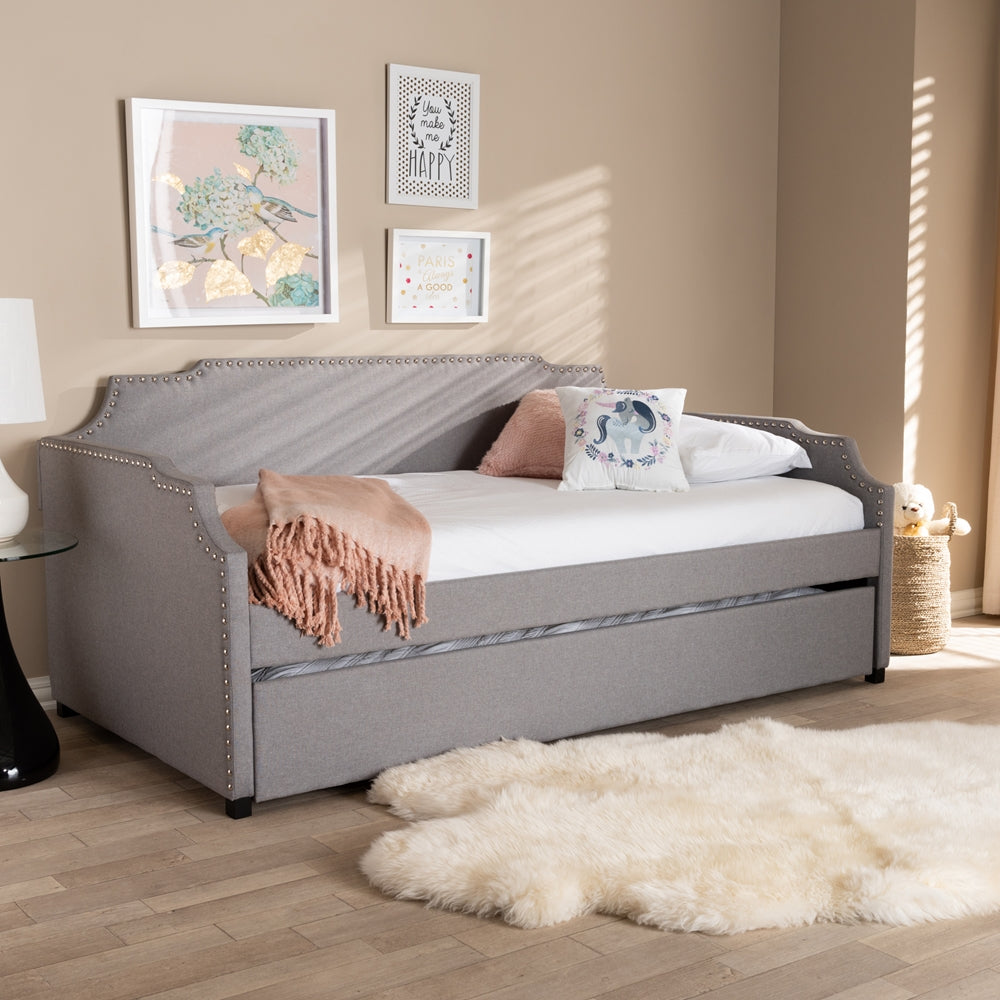 Ally Modern and Contemporary Grey Fabric Upholstered Twin Size Sofa Daybed with Roll Out Trundle Guest Bed