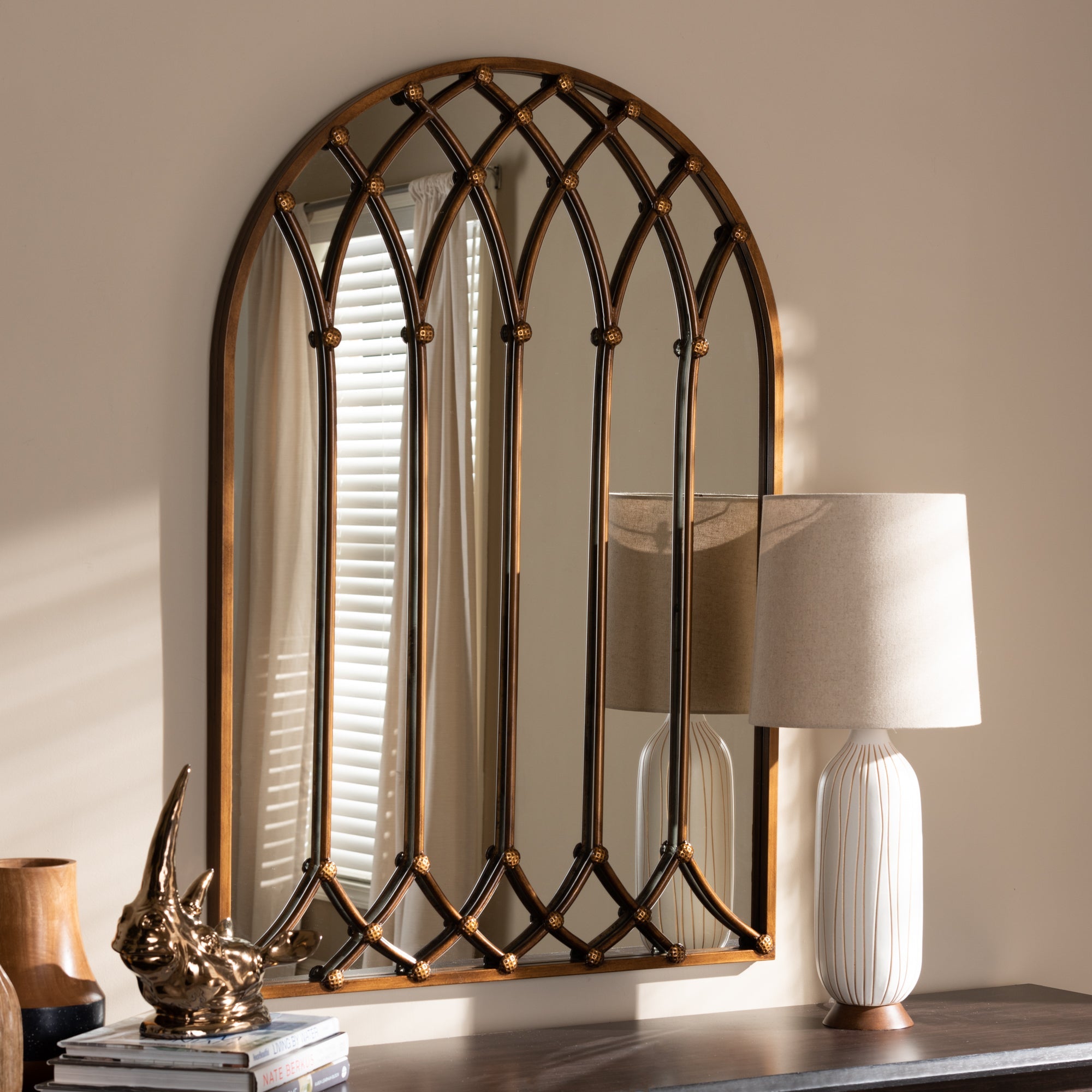 Freja Vintage Farmhouse Antique Bronze Finished Arched Window Accent Wall Mirror