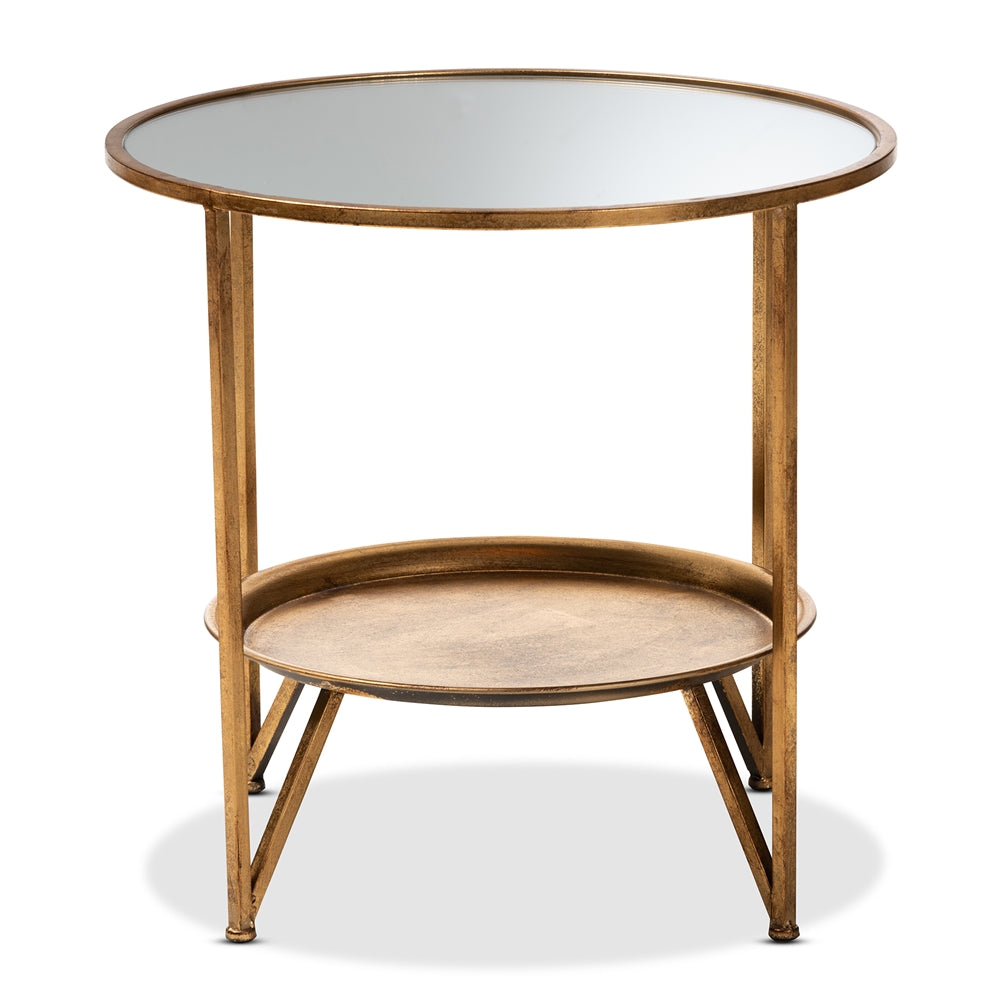 Tamsin Modern and Contemporary Antique Gold Finished Metal and Mirrored Glass Accent Table with Tray Shelf