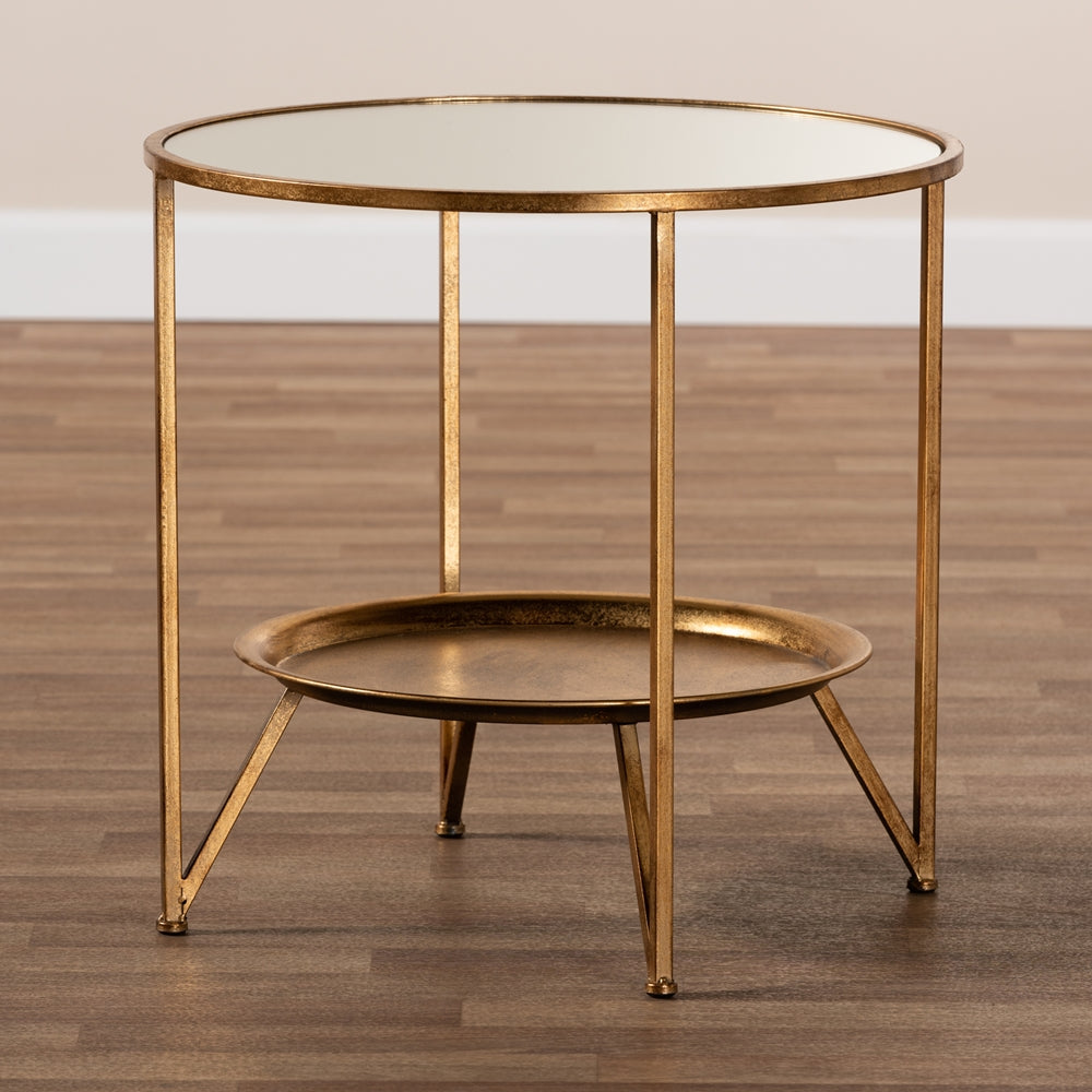 Tamsin Modern and Contemporary Antique Gold Finished Metal and Mirrored Glass Accent Table with Tray Shelf