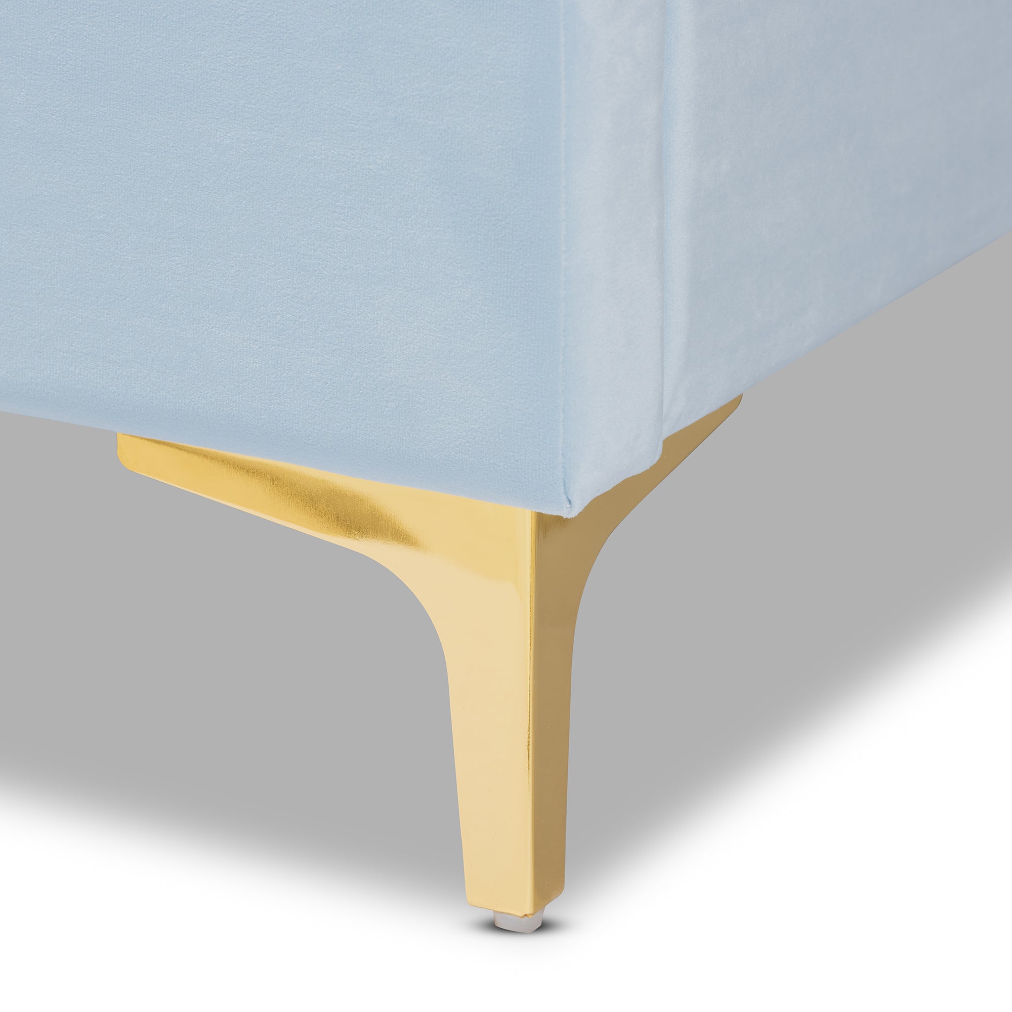 Saverio Light Blue Velvet Fabric Upholstered Queen Size Platform Bed with Gold-Tone Legs