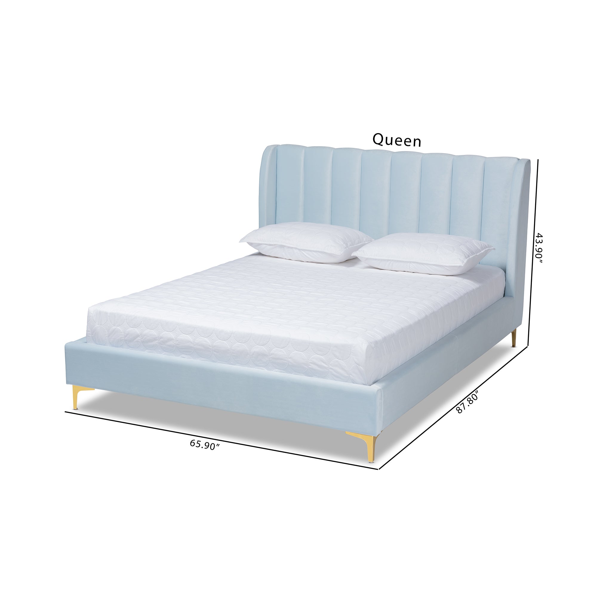 Saverio Light Blue Velvet Fabric Upholstered Queen Size Platform Bed with Gold-Tone Legs