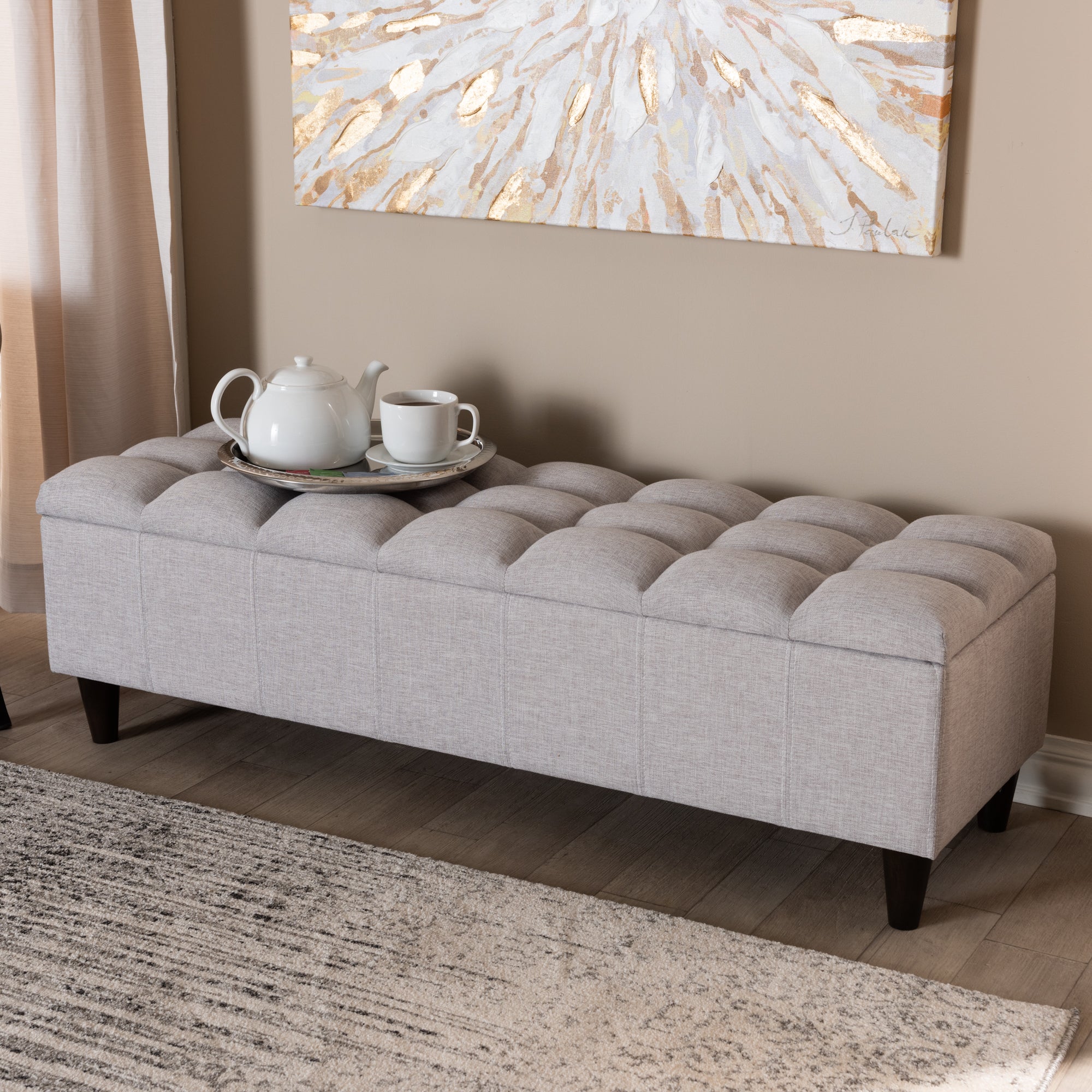 Brette Mid-Century Modern Grey Fabric Upholstered Dark Brown Finished Wood Storage Bench Ottoman