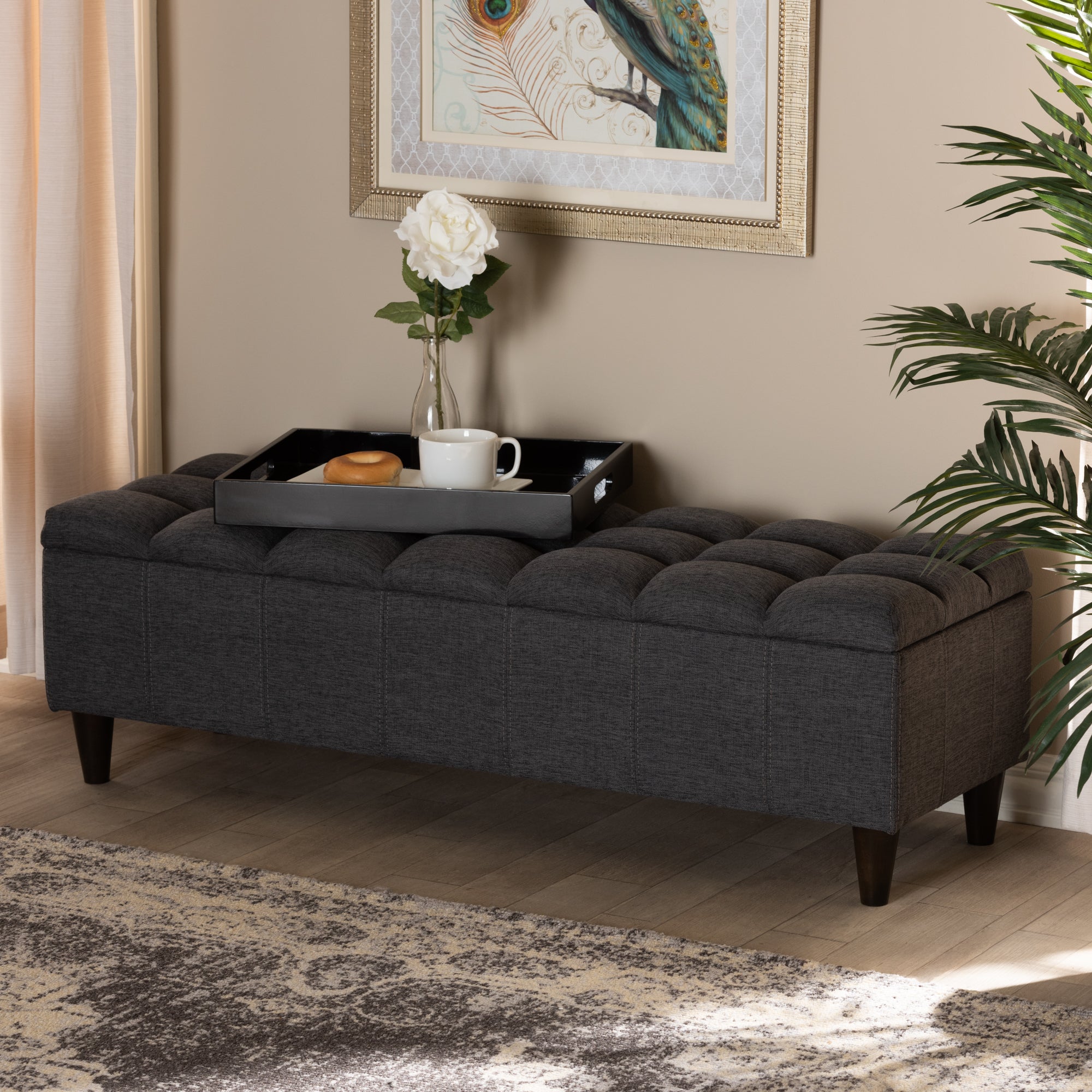 Brette Mid-Century Modern Charcoal Fabric Upholstered Dark Brown Finished Wood Storage Bench Ottoman