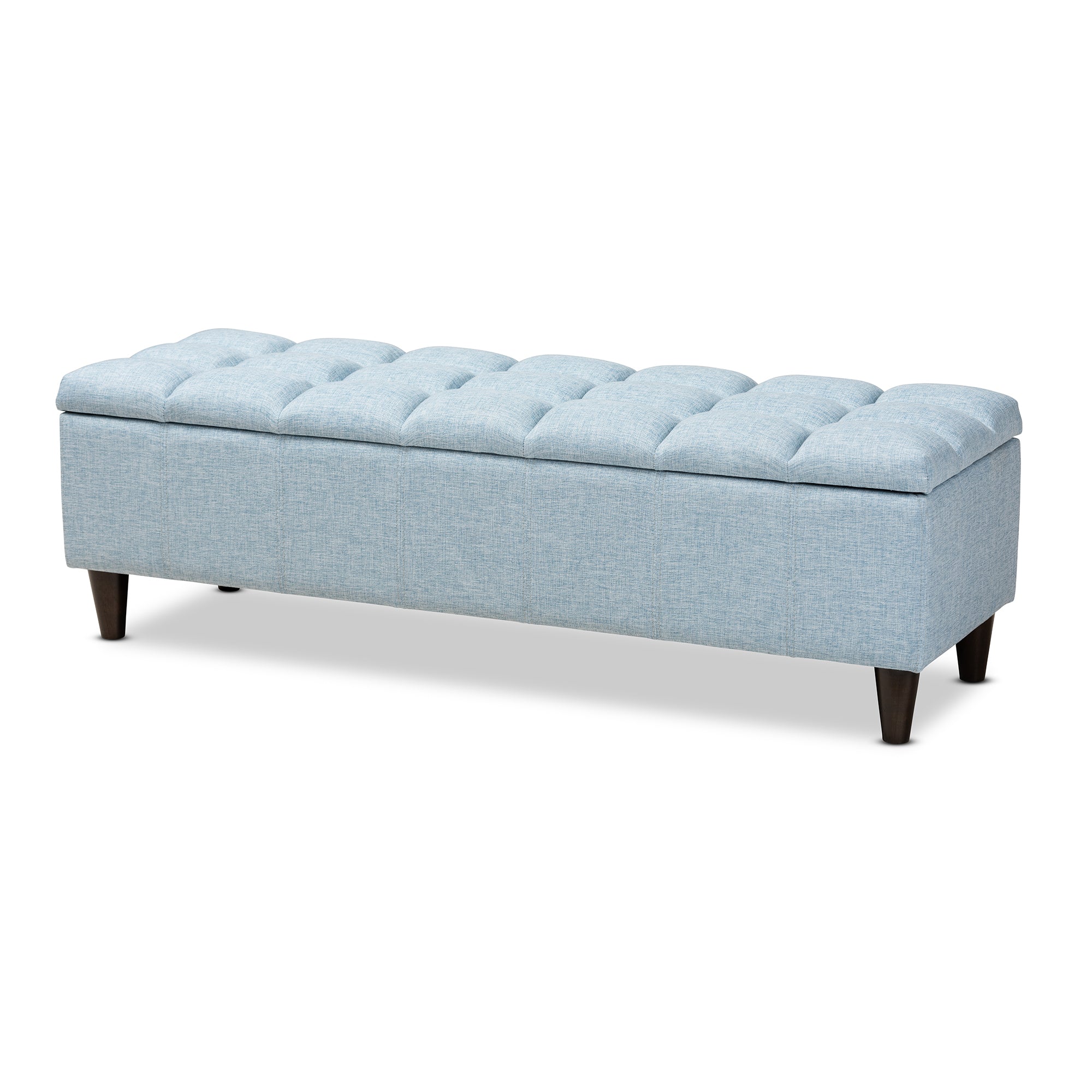 Brette Mid-Century Modern Light Blue Fabric Upholstered Dark Brown Finished Wood Storage Bench Ottoman