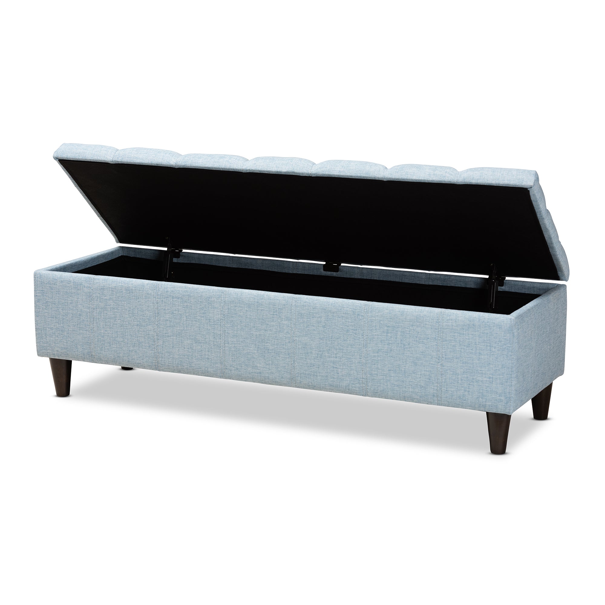 Brette Mid-Century Modern Light Blue Fabric Upholstered Dark Brown Finished Wood Storage Bench Ottoman