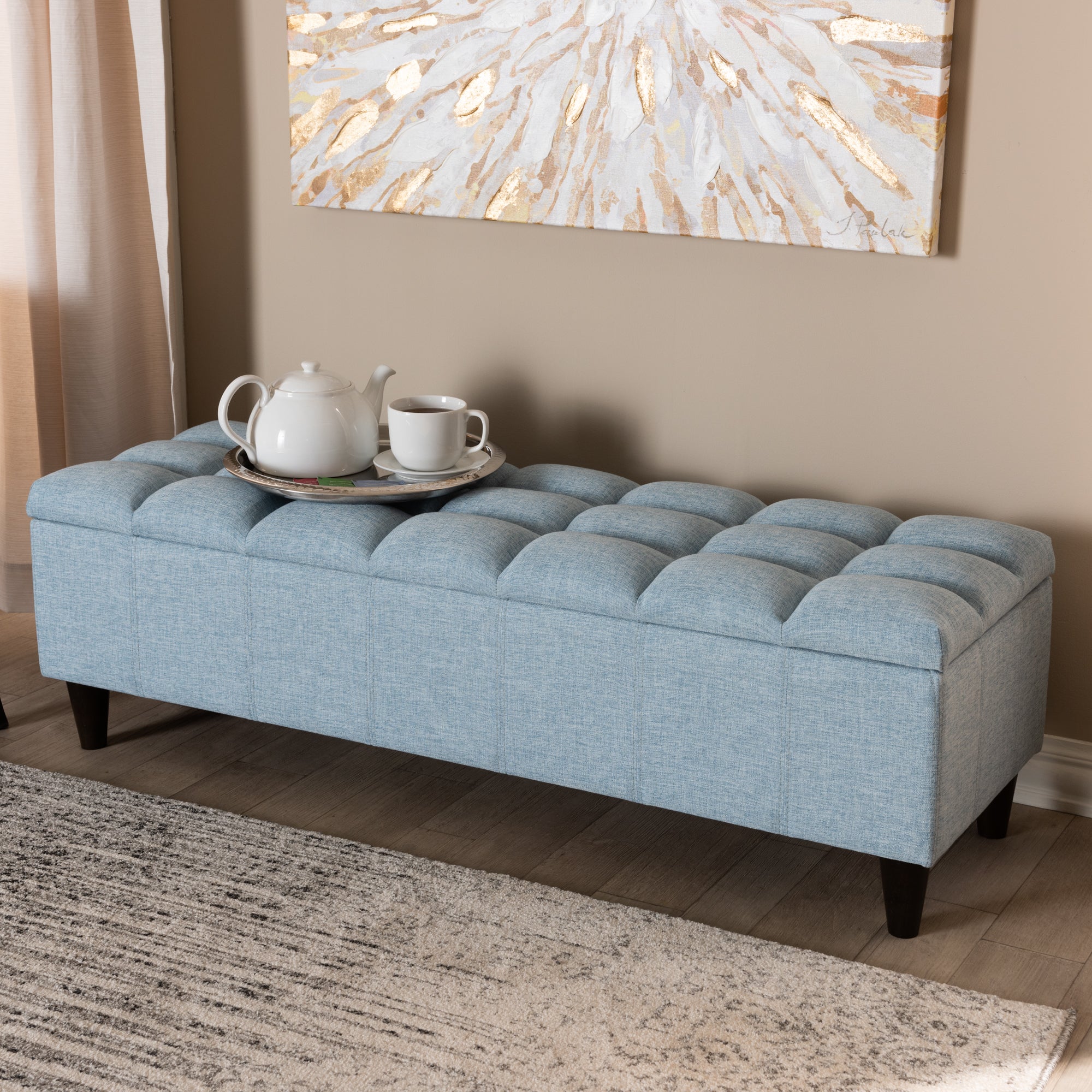 Brette Mid-Century Modern Light Blue Fabric Upholstered Dark Brown Finished Wood Storage Bench Ottoman