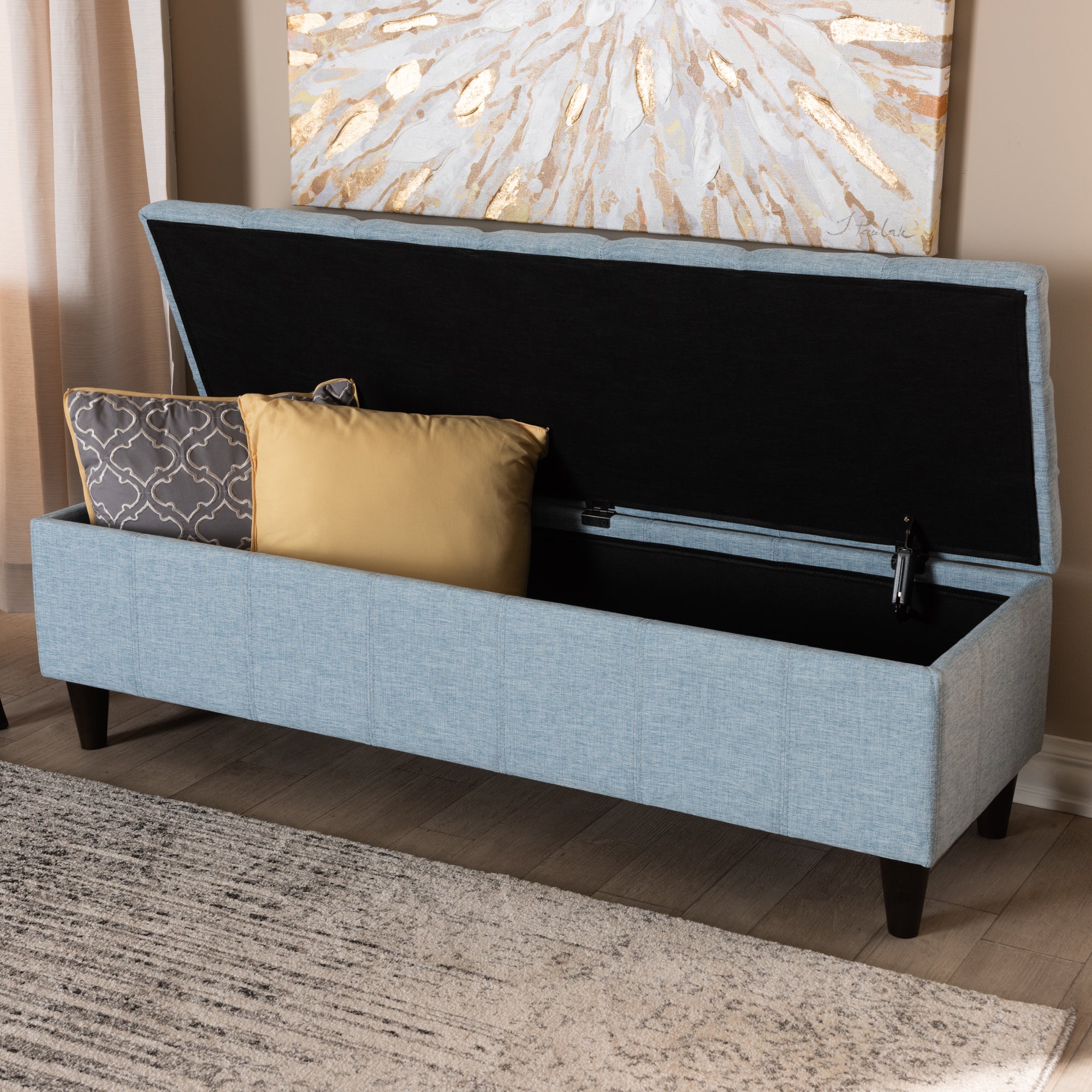 Brette Mid-Century Modern Light Blue Fabric Upholstered Dark Brown Finished Wood Storage Bench Ottoman