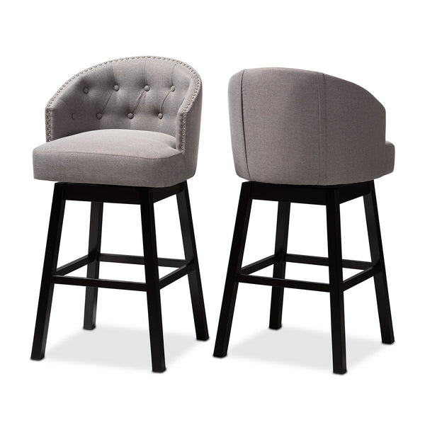 Theron Transitional Grey Fabric Upholstered Wood Swivel Bar Stool Set of 2