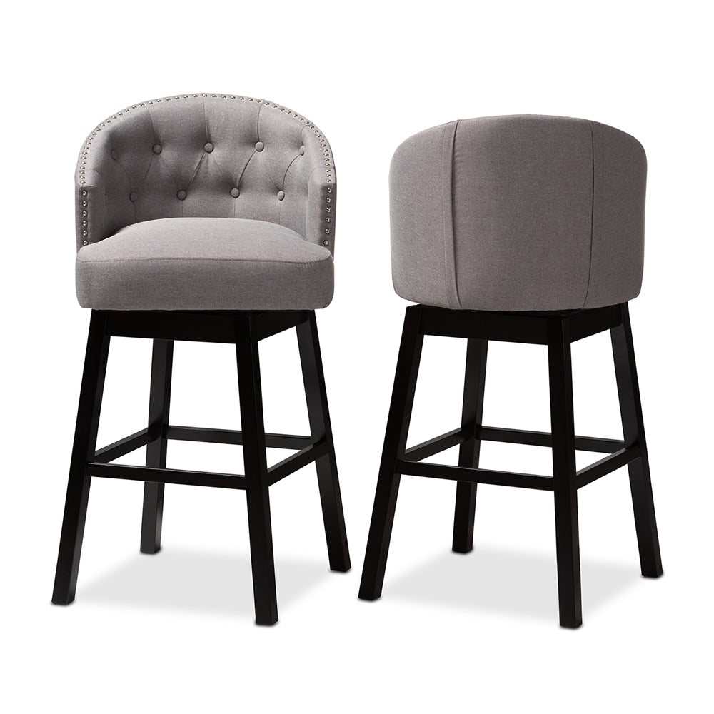 Theron Transitional Grey Fabric Upholstered Wood Swivel Bar Stool Set of 2