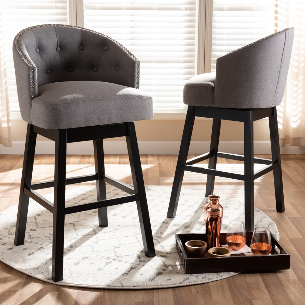 Theron Transitional Grey Fabric Upholstered Wood Swivel Bar Stool Set of 2