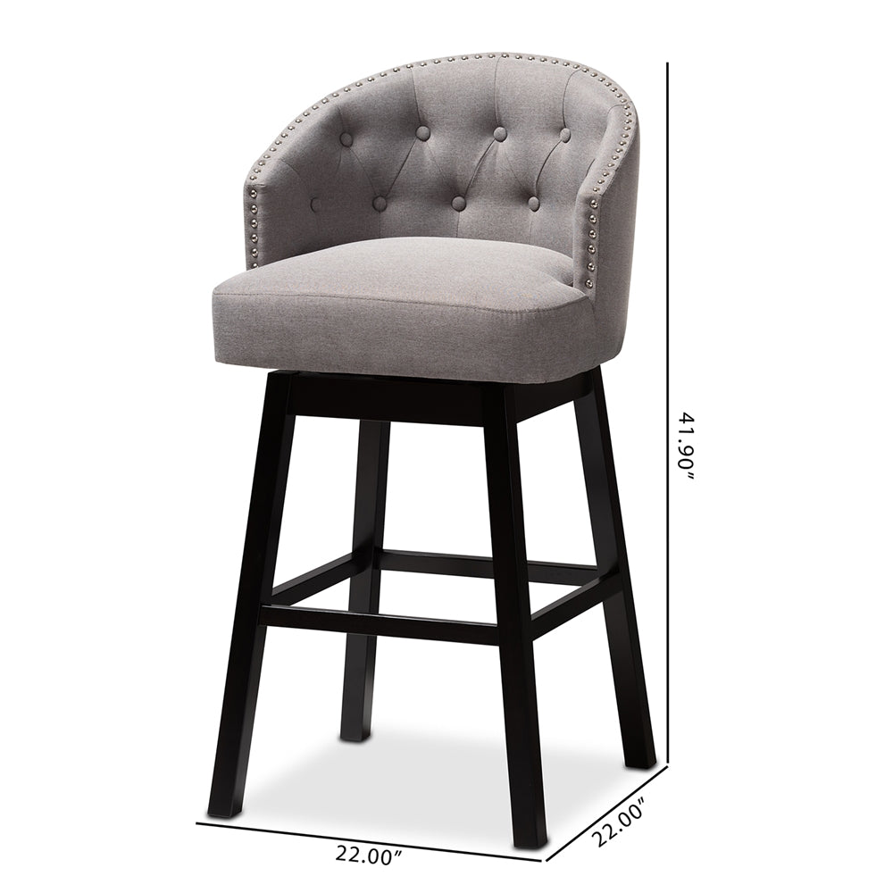Theron Transitional Grey Fabric Upholstered Wood Swivel Bar Stool Set of 2