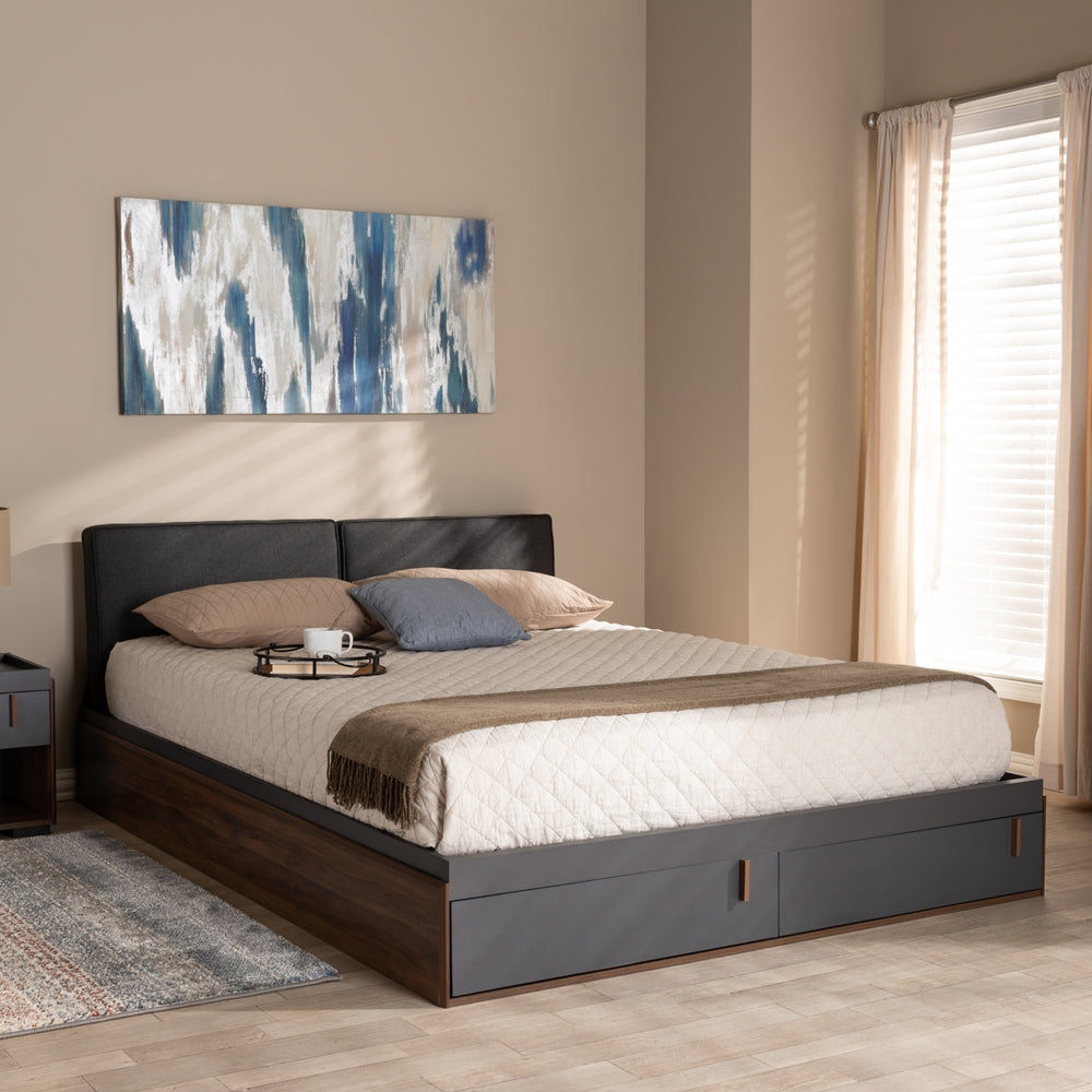 Rikke Two-Tone Gray and Walnut Wood Queen Size Platform Storage Bed