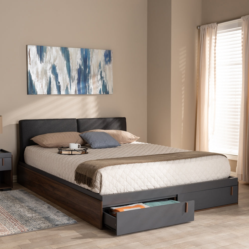 Rikke Two-Tone Gray and Walnut Wood Queen Size Platform Storage Bed