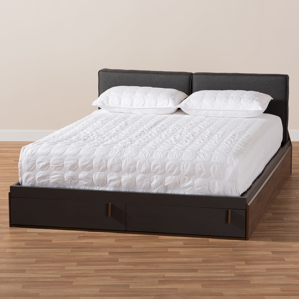 Rikke Two-Tone Gray and Walnut Wood Queen Size Platform Storage Bed