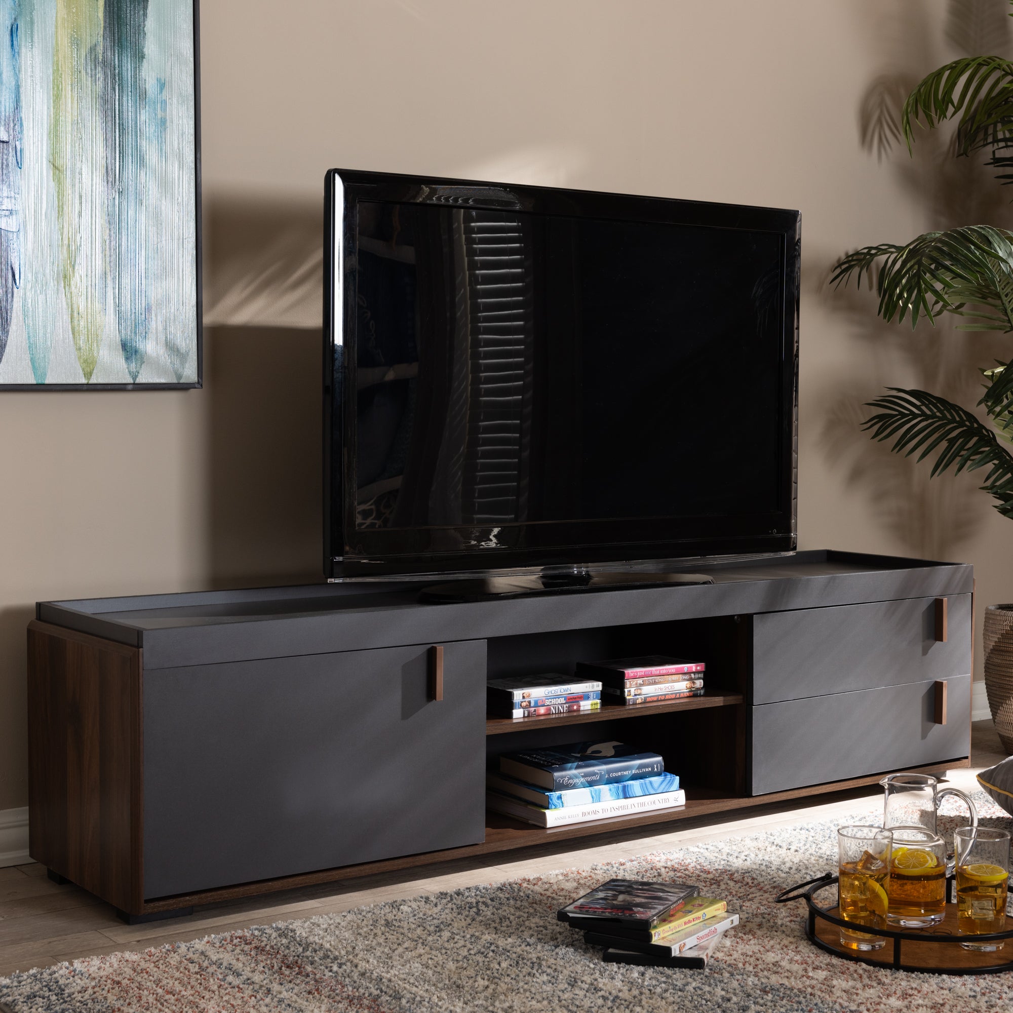 Rikke Modern and Contemporary Two-Tone Gray and Walnut Finished Wood 2-Drawer TV Stand