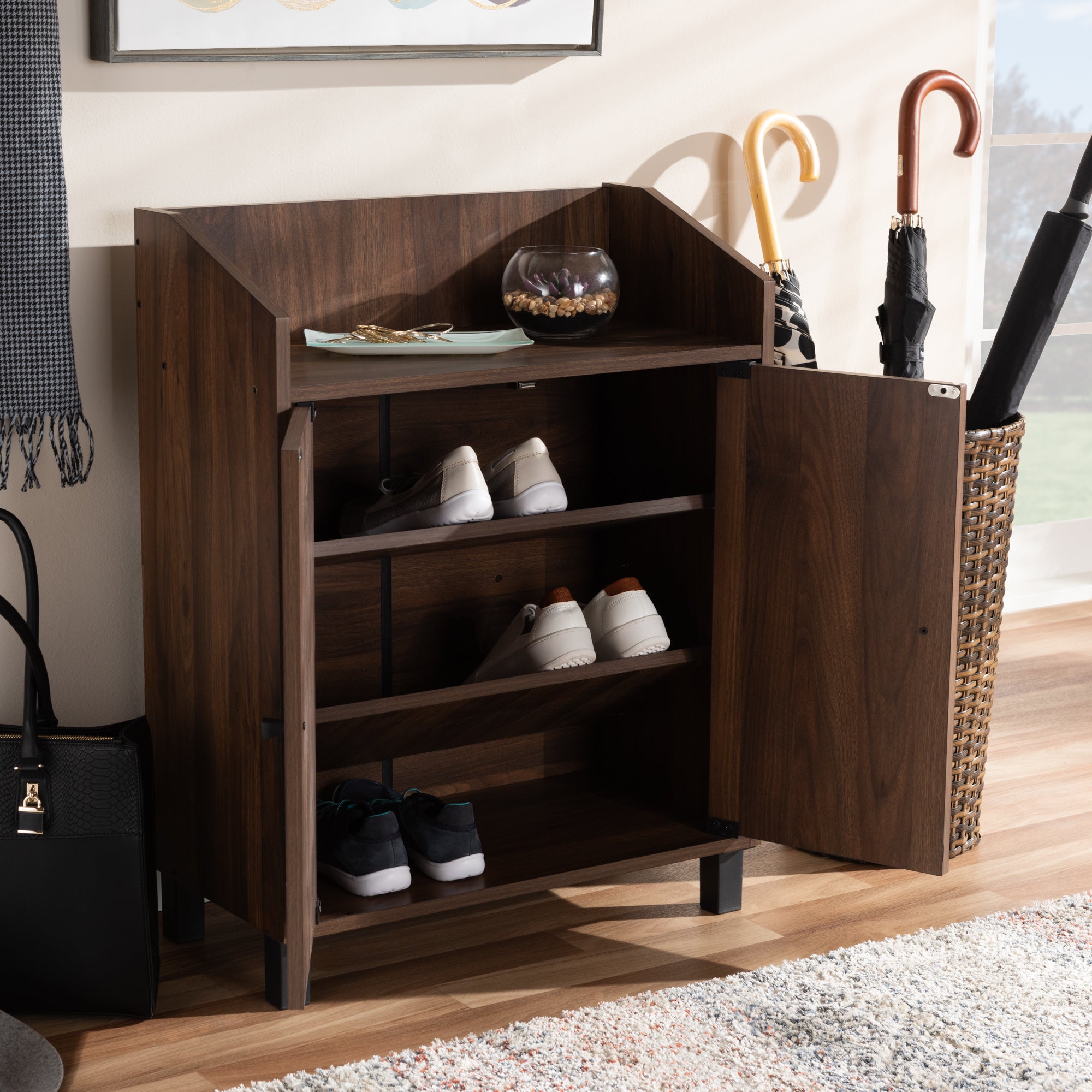 Rossin Modern and Contemporary Walnut Brown Finished 2-Door Wood Entryway Shoe Storage Cabinet with Open Shelf