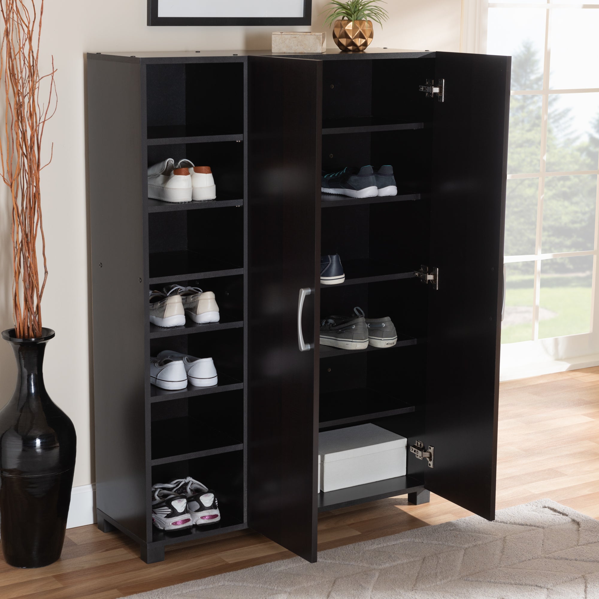 Marine Modern and Contemporary Two-Tone Wenge and Black Finished 2-Door Wood Entryway Shoe Storage Cabinet with Open Shelves