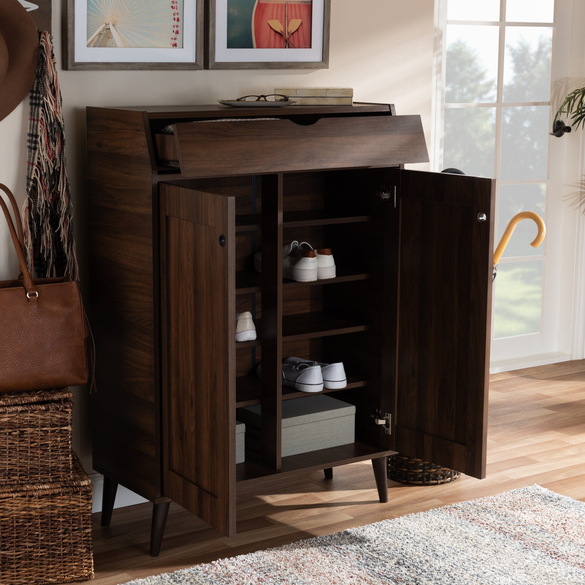 Cormier Mid-Century Modern Walnut Brown finished 2-Door Wood Entryway Shoe Storage Cabinet