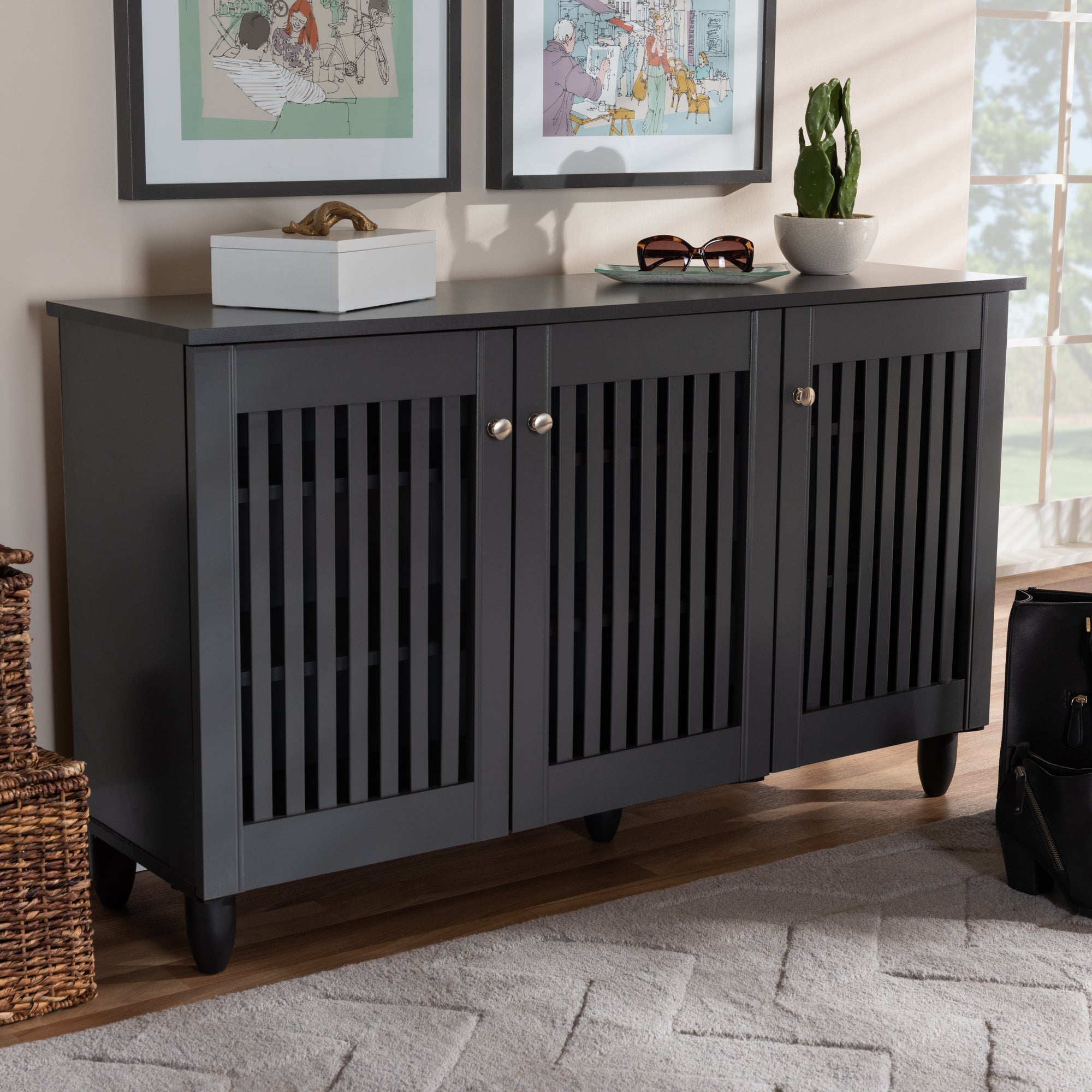 Fernanda Modern and Contemporary Dark Grey 3-Door Wooden Entryway Shoe Storage Wide Cabinet